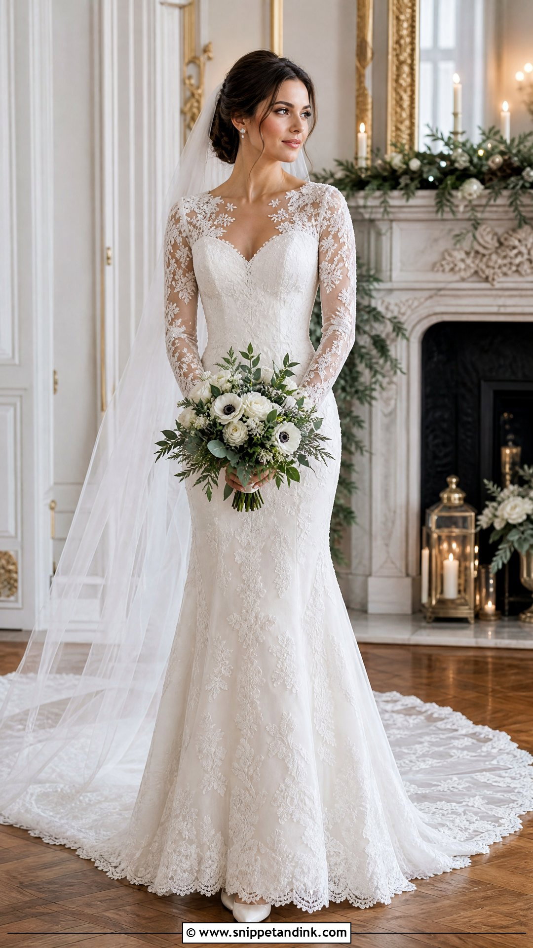 Long Sleeve Fit And Flare Wedding Dress With Tulle Veil - Snippet and Ink - 20 Flare Wedding Dress Ideas
