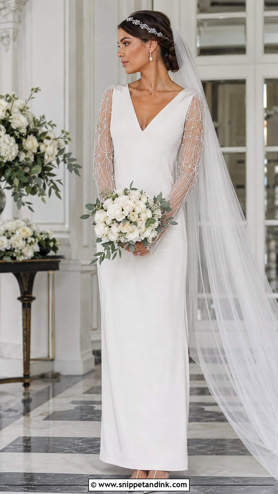 Long Sleeve Flapper Wedding Dress With Crystal Headband - Snippet and Ink - 20 Flapper Wedding Dress Ideas