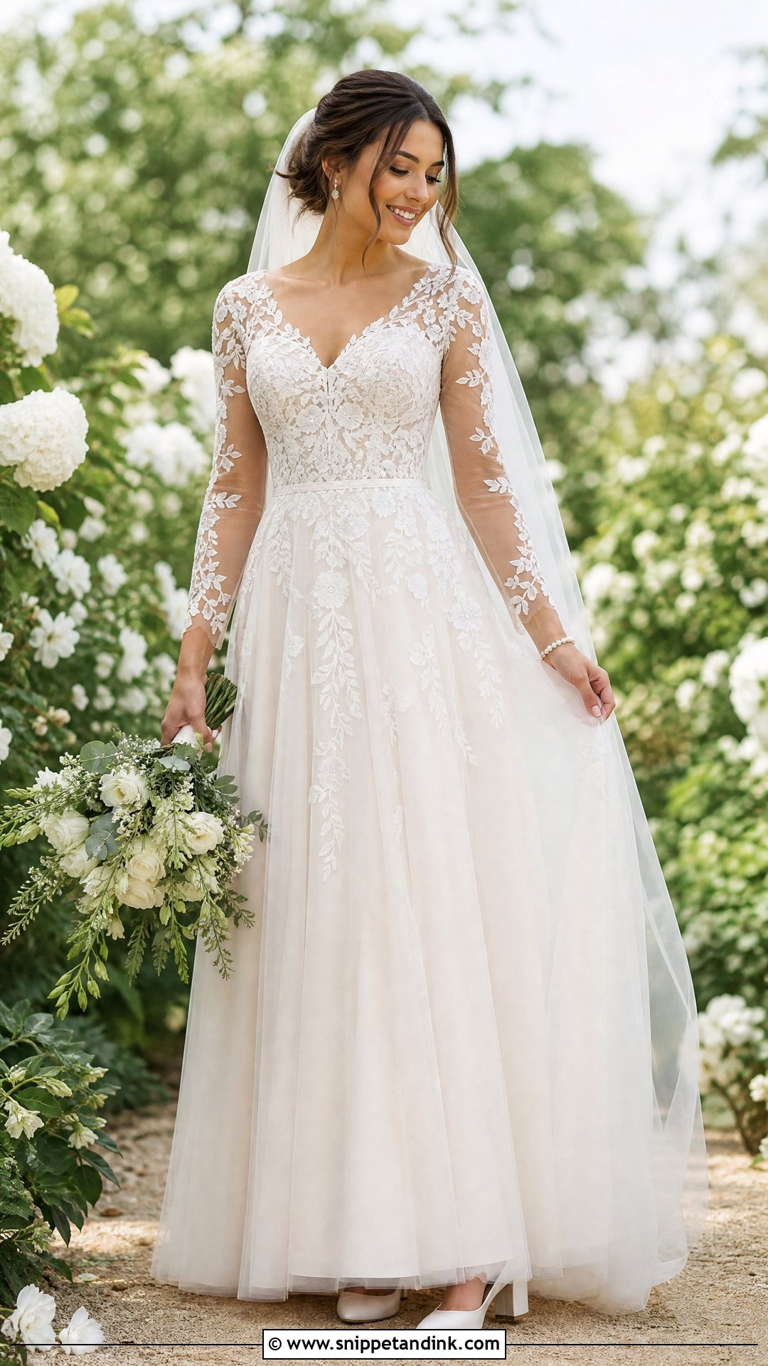 Long Sleeve Floral Lace Wedding Dress - Snippet and Ink - 20 Lily Collin’s Wedding Dress Ideas