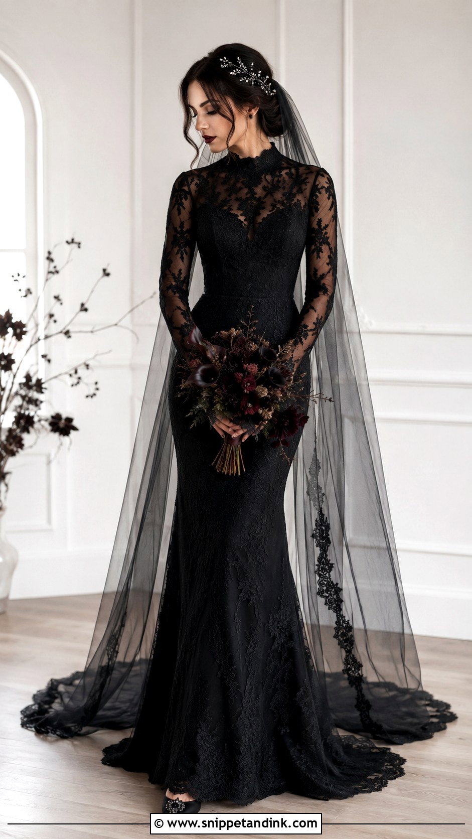 Long Sleeve Gothic Black Wedding Dress - Snippet and Ink - 25 Gothic Black Wedding Dress Ideas