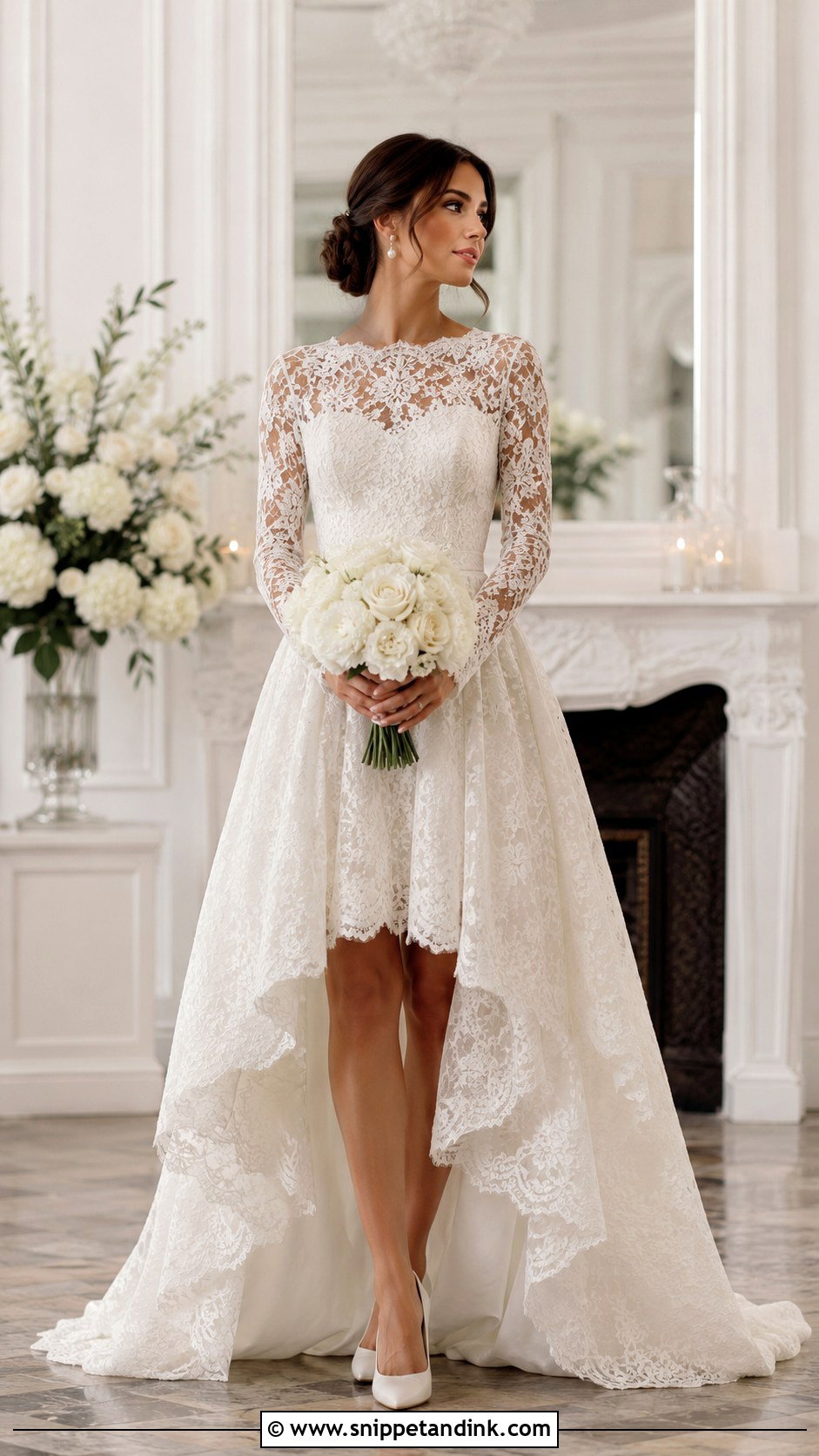 Long Sleeve High Low Wedding Dress With Closed Toe Heels - Snippet and Ink - 25 High Low Wedding Dress Ideas