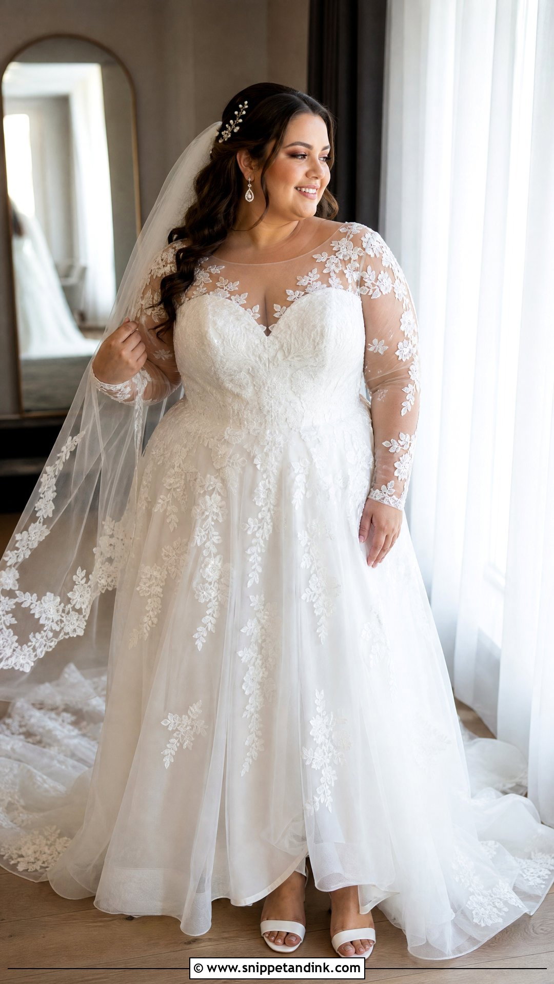 Long Sleeve Illusion Plus Size Wedding Dress - Snippet and Ink - 20 Vintage Plus Size Wedding Dresses