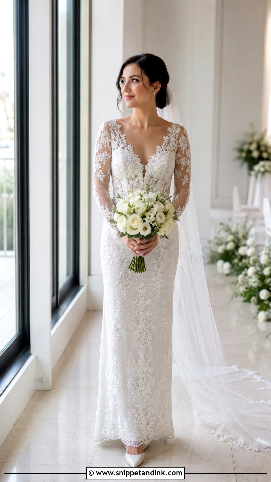 Long Sleeve Illusion Sheath Wedding Dress - Snippet and Ink - 20 Best Wedding Dresses for Short Brides