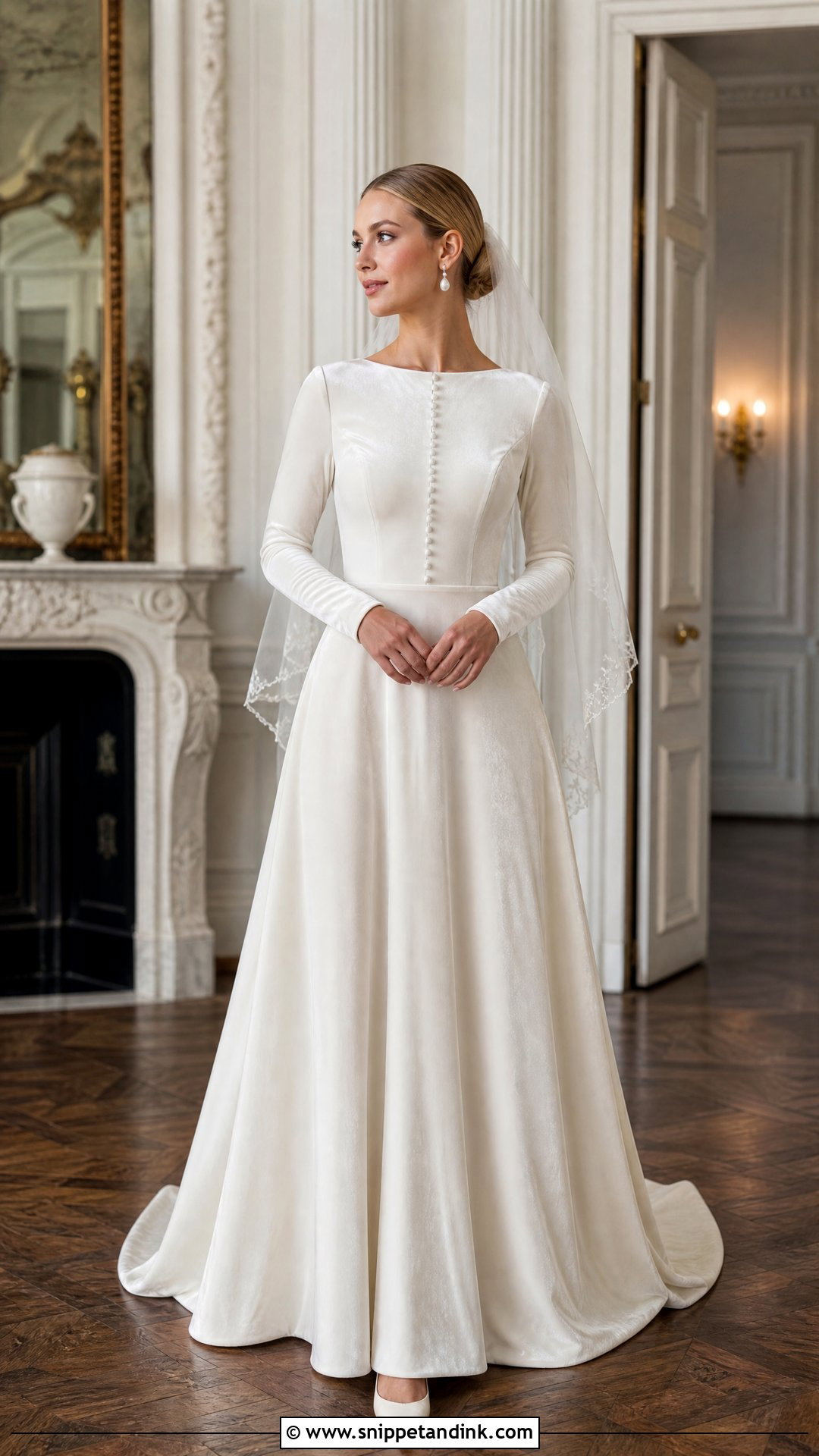 Long Sleeve Ivory Velvet Bridal Dress - Snippet and Ink - 20 Velvet Bridal Dress Ideas