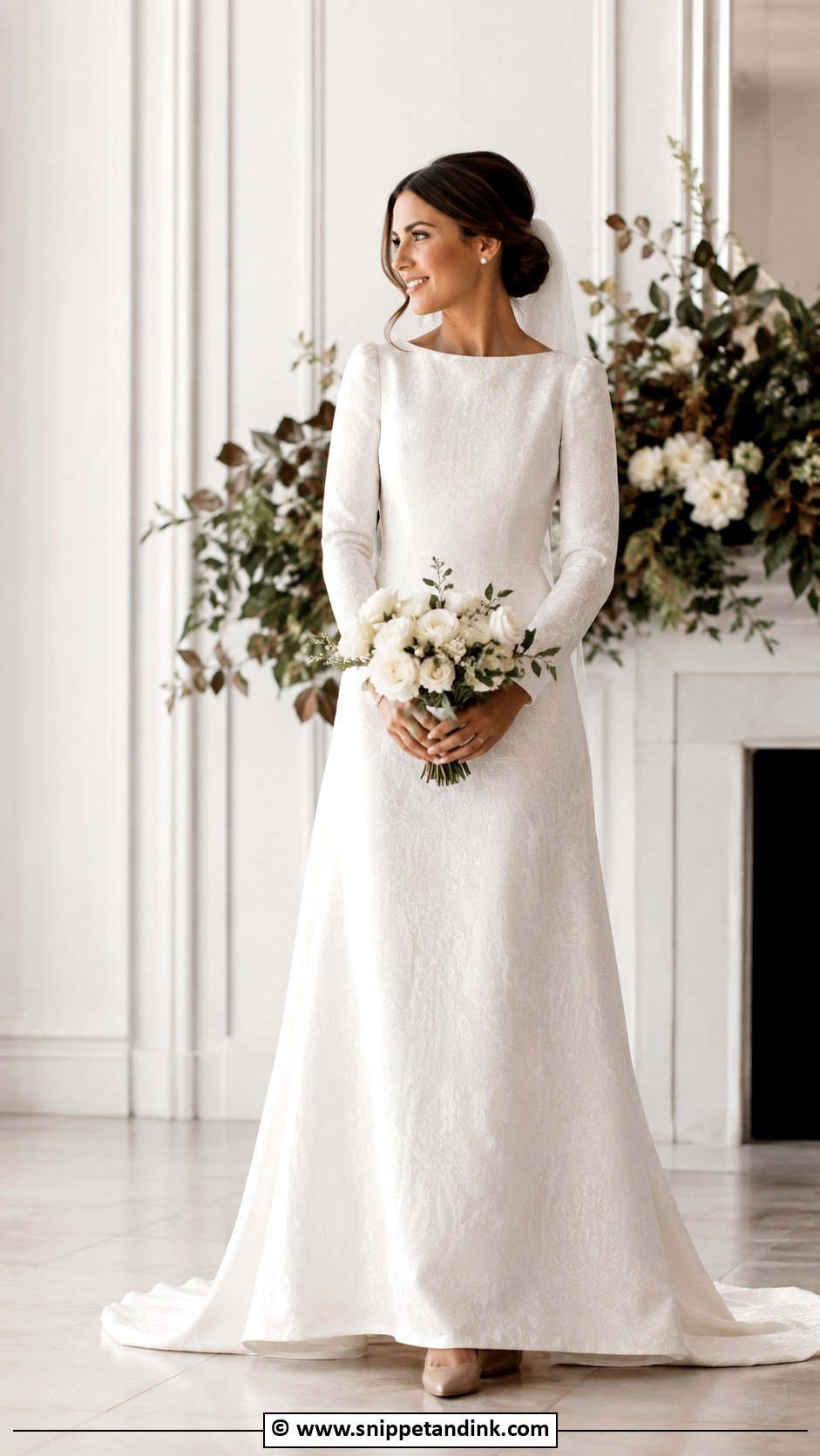 Long Sleeve Jacquard Wedding Dress With Velvet Shoes - Snippet and Ink - 25 Jacquard Wedding Dress Ideas