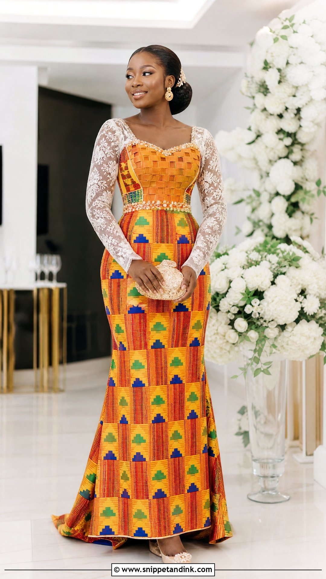 Long Sleeve Kente Wedding Dress - Snippet and Ink - 20 Traditional Ghana Wedding Dress Ideas