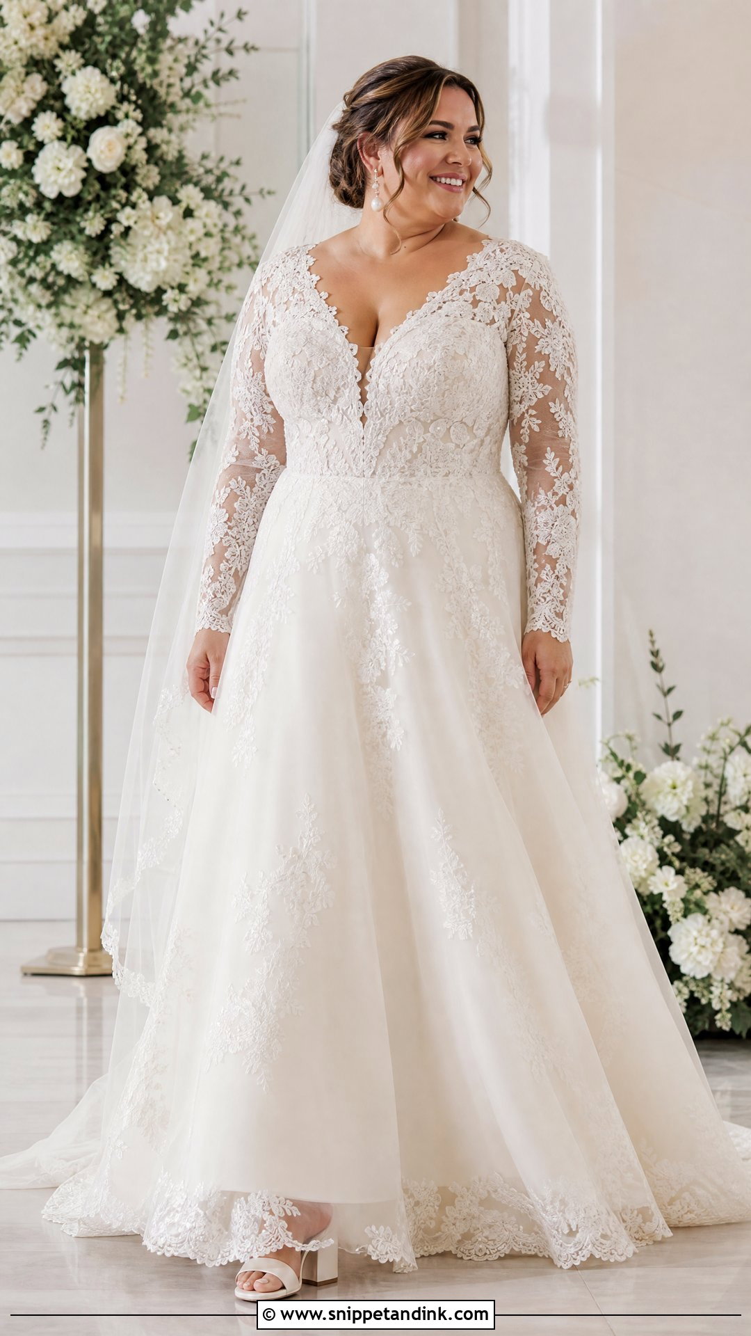 Long Sleeve Lace A Line Plus Size Wedding Gown - Snippet and Ink - 20 Plus Size Wedding Gowns with Sleeves