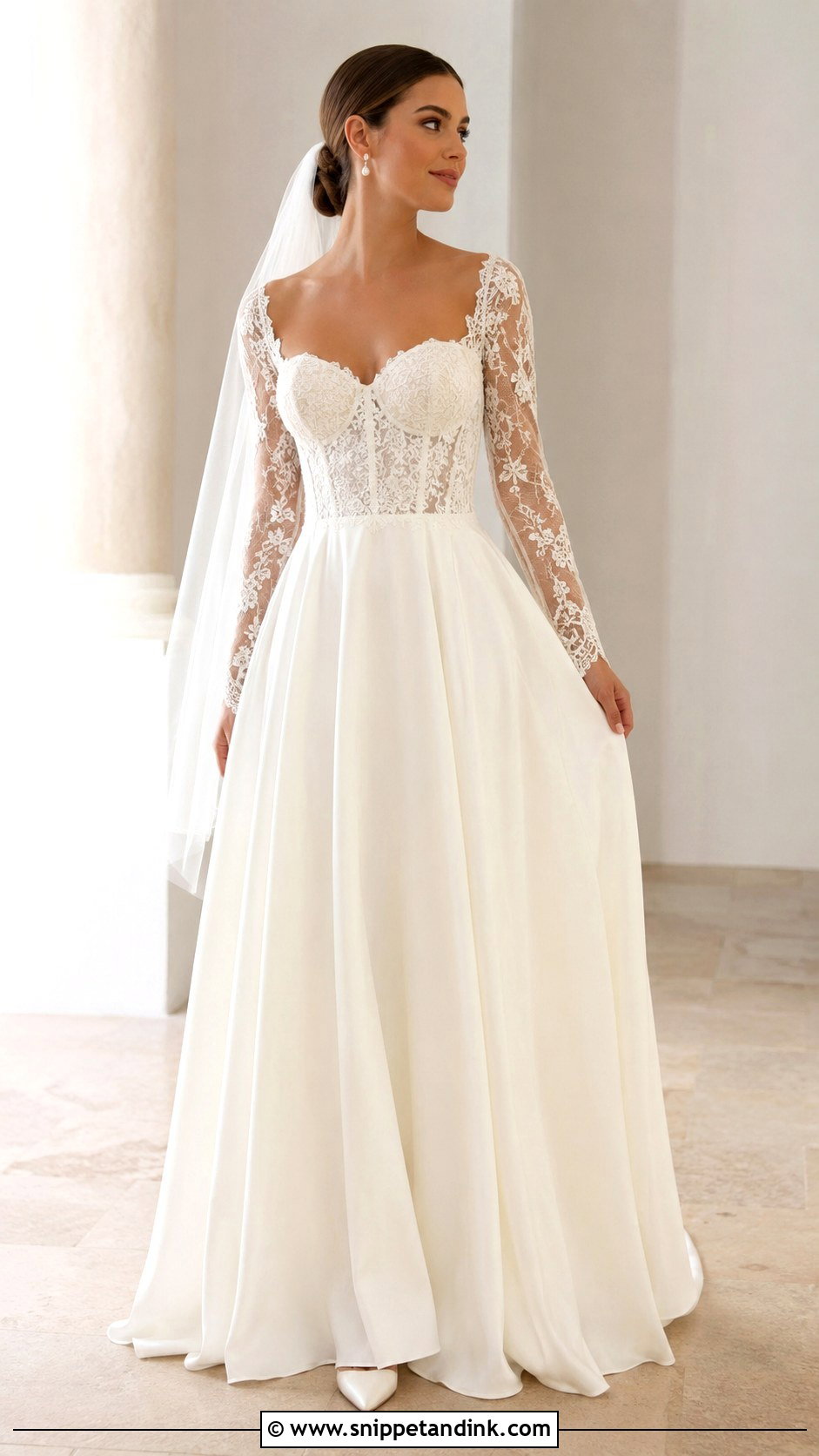 Long Sleeve Lace Balconette Wedding Dress - Snippet and Ink - 20 Balconette Wedding Dress Ideas