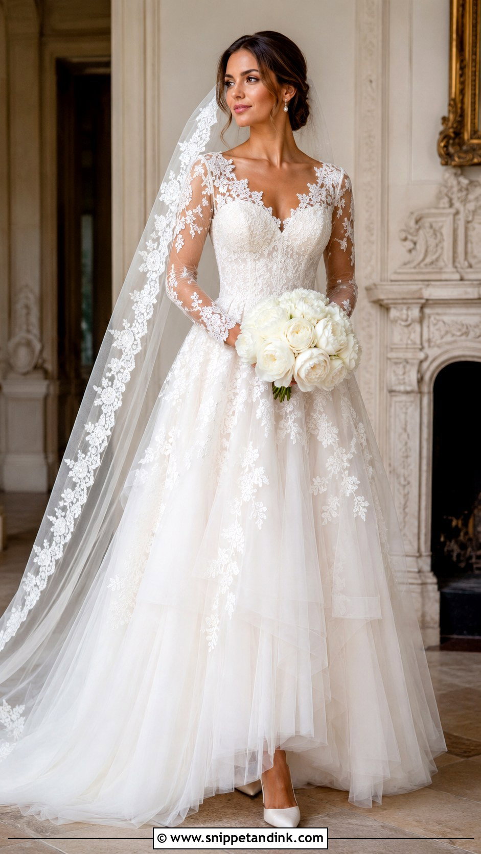 Long Sleeve Lace Basque Waist Dress With Chapel Veil - Snippet and Ink - 20 Low Waist Wedding Dresses