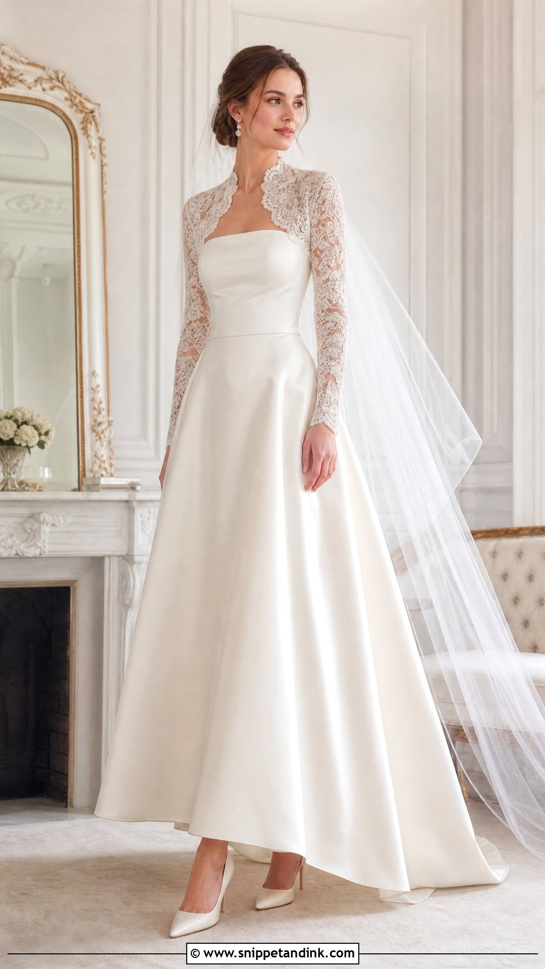 Long Sleeve Lace Bolero With Strapless Satin Dress - Snippet and Ink - 25 Lace Bolero Wedding Ideas