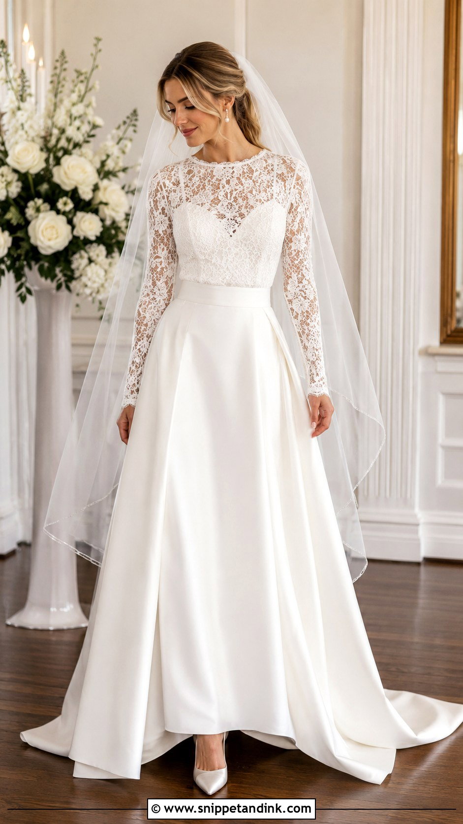 Long Sleeve Lace Bridal Bodysuit With Satin Skirt - Snippet and Ink - 20 Bridal Bodysuit Ideas