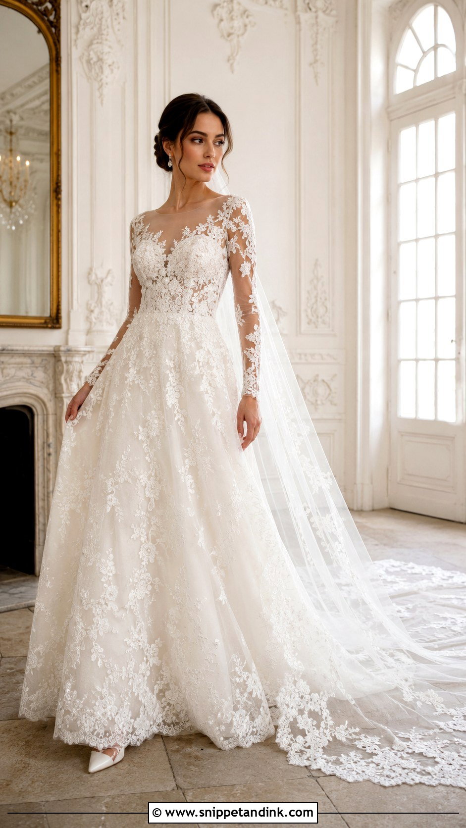Long Sleeve Lace Bridal Dress With Cathedral Veil - Snippet and Ink - 20 Bridal Dresses with Sleeves