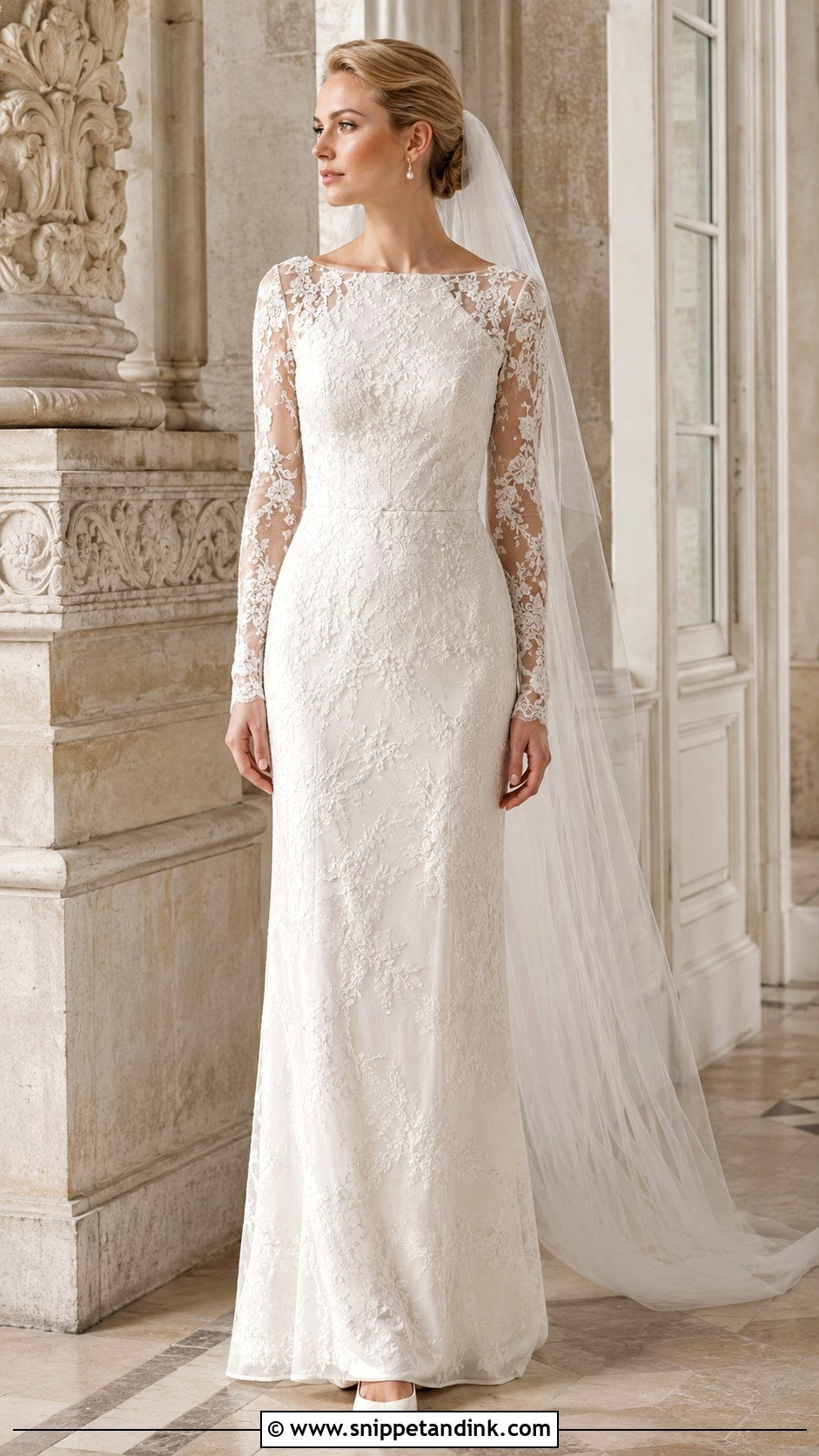 Long Sleeve Lace Column Wedding Dress - Snippet and Ink - 20 Modern Chic Wedding Dress Ideas