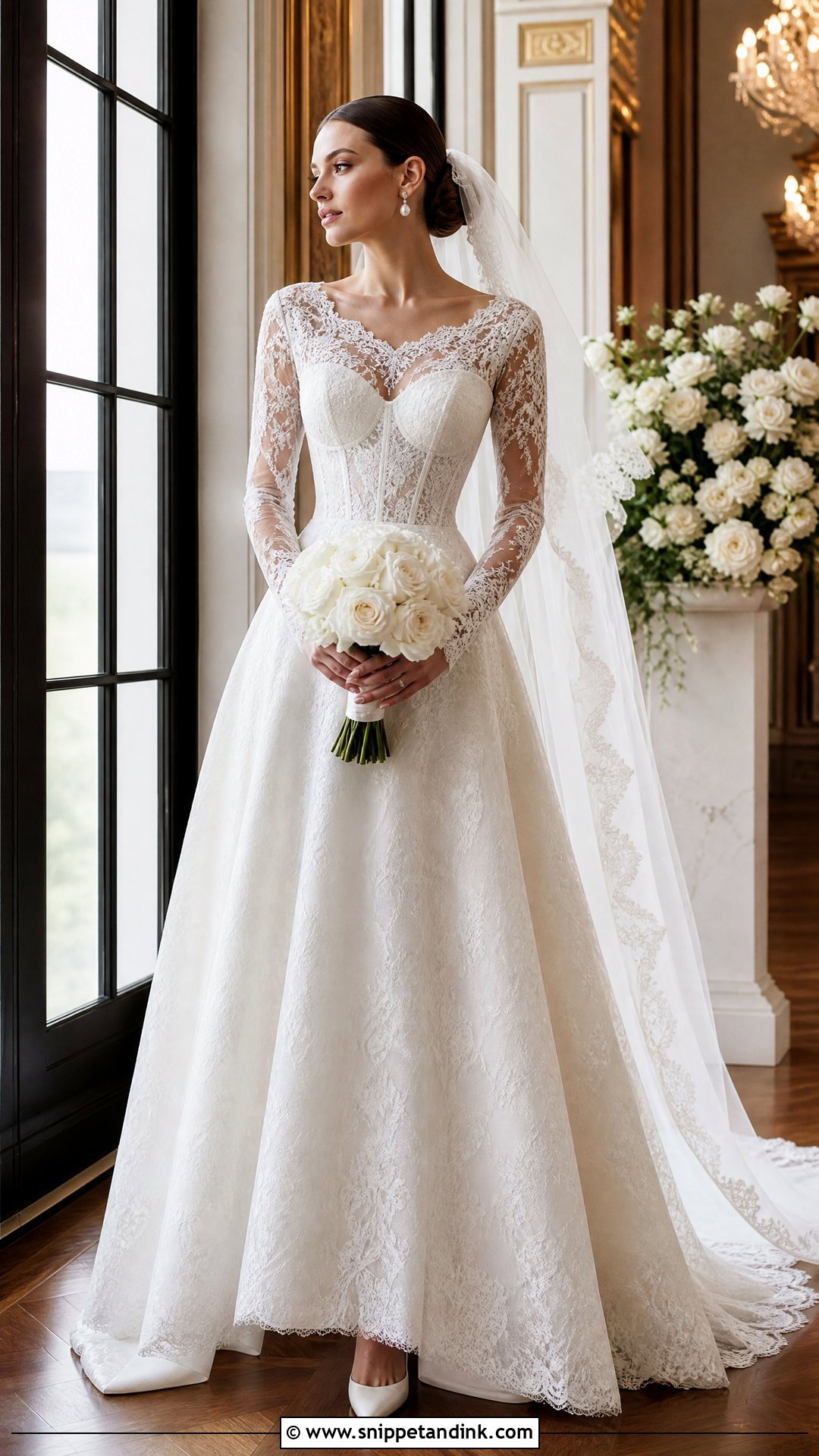 Long Sleeve Lace Corset Wedding Dress With Classic Pumps - Snippet and Ink - 20 Timeless Corset Wedding Dress Ideas