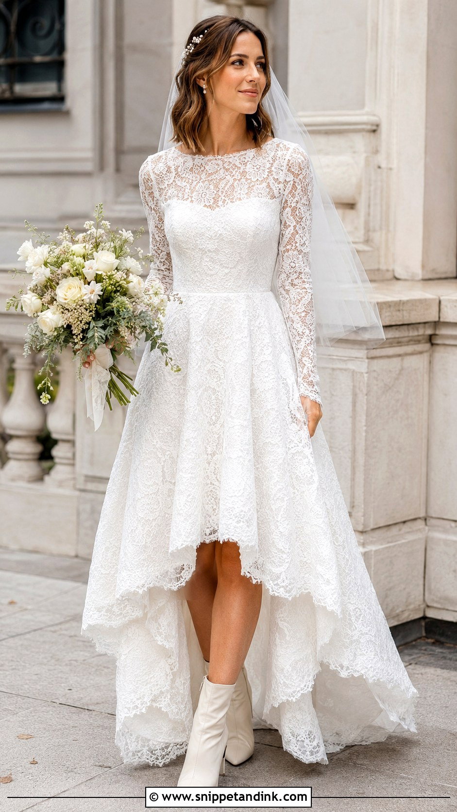 Long Sleeve Lace Hi Low Wedding Dress With Bridal Boots - Snippet and Ink - 20 Hi Low Wedding Dress Ideas