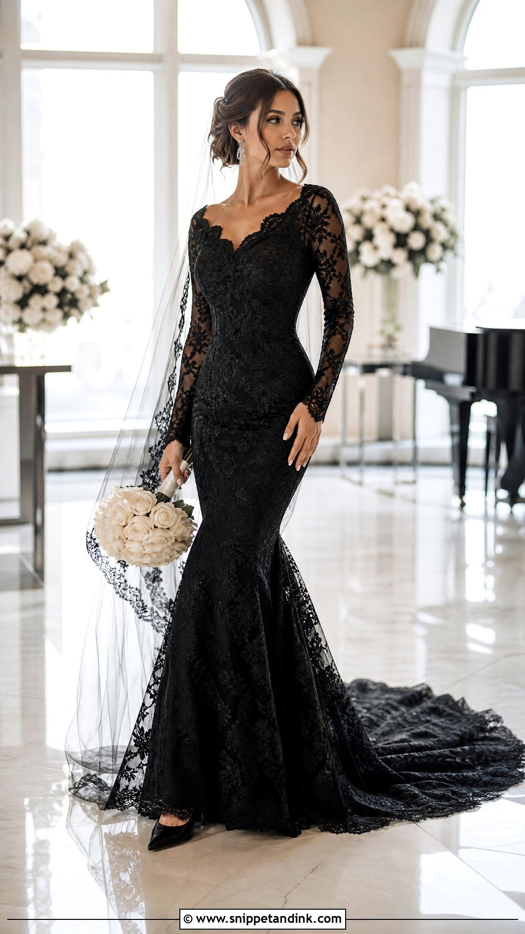 Long Sleeve Lace Mermaid Black Wedding Dress - Snippet and Ink - 20 Tight Fitting Black Wedding Dress Ideas