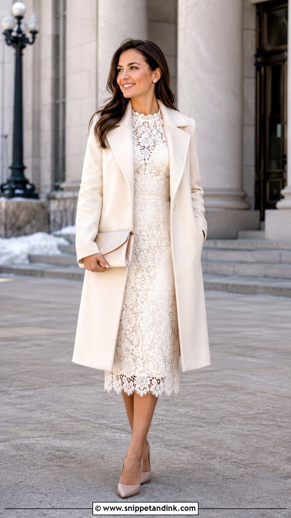 Long Sleeve Lace Midi Dress With Nude Heels - Snippet and Ink - 25 Winter Civil Wedding Outfit Ideas