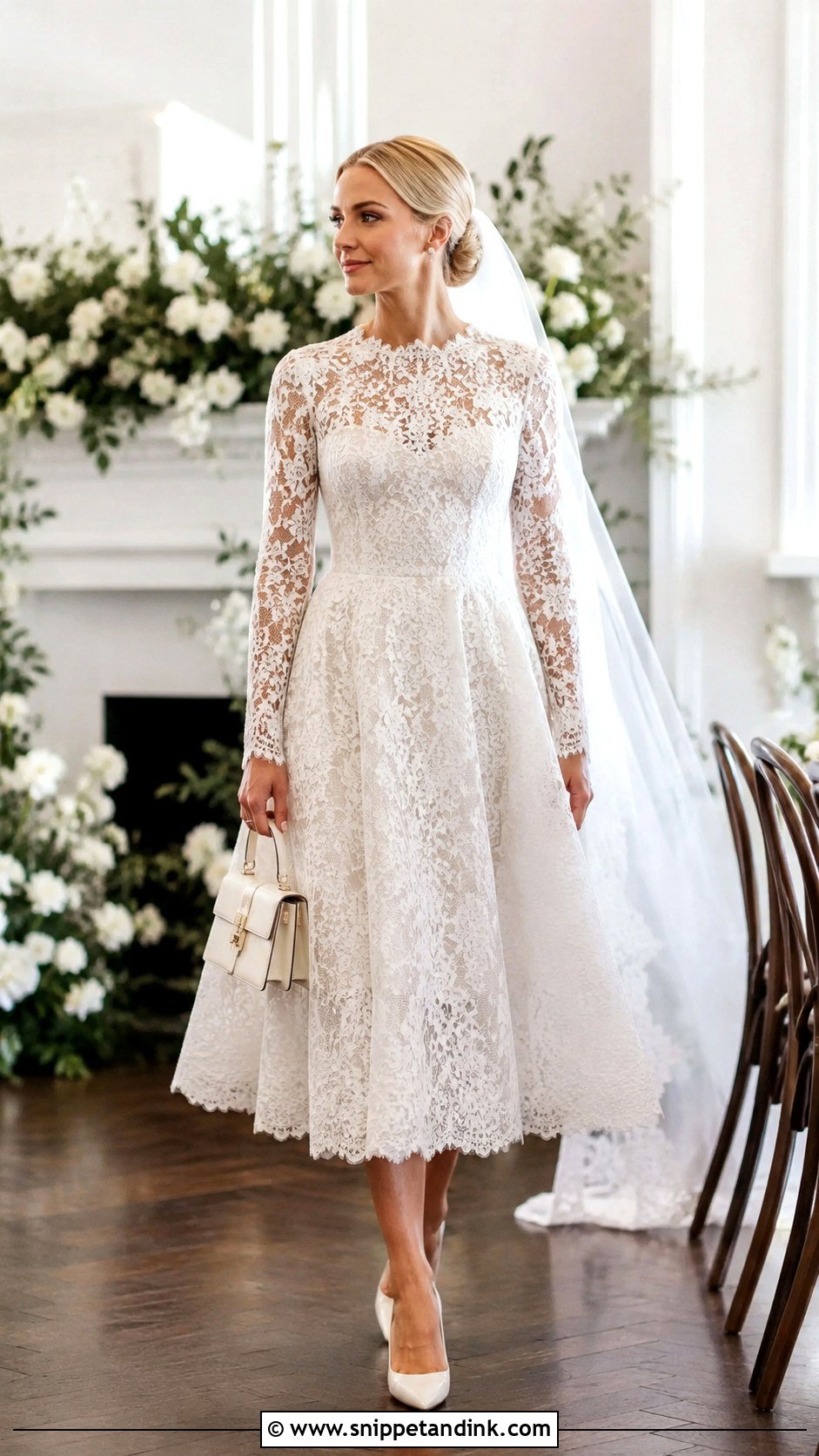Long Sleeve Lace Midi Wedding Dress - Snippet and Ink - 20 Elegant Midi Wedding Dress Ideas