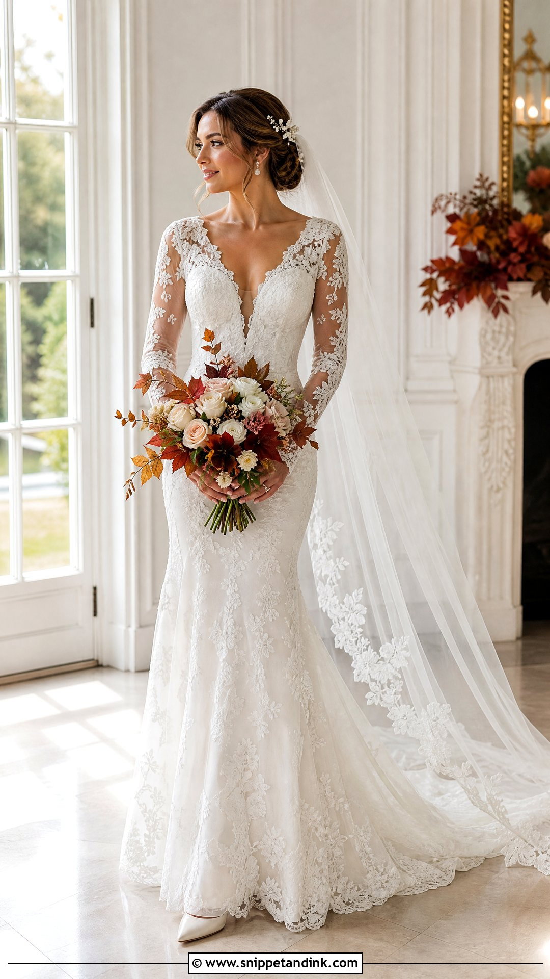 Long Sleeve Lace Plunge Neck Wedding Dress - Snippet and Ink - 20 Plunge Neck Wedding Dress Ideas