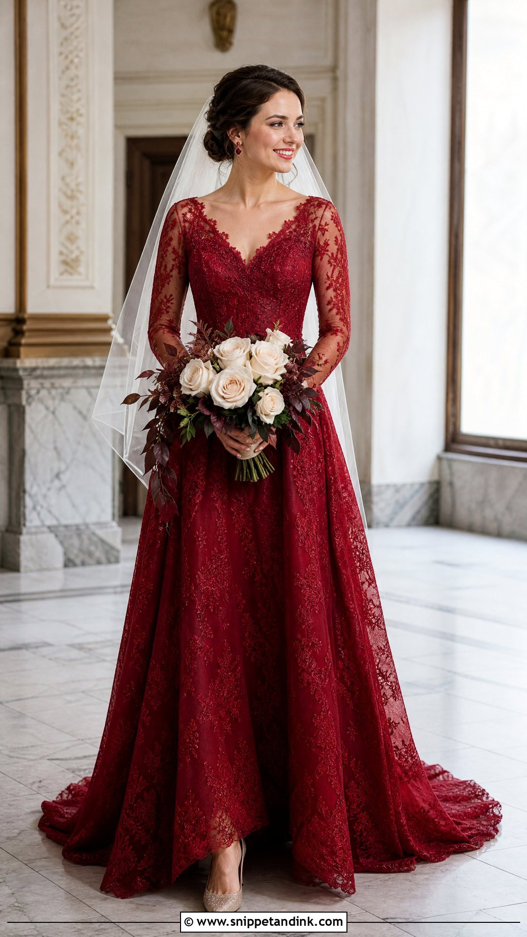 Long Sleeve Lace Red Bridal Gown - Snippet and Ink - 20 Red Bridal Dress Gowns