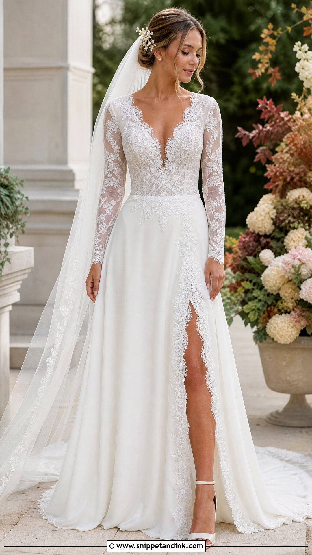 Long Sleeve Lace Split Wedding Dress - Snippet and Ink - 20 Split Wedding Dress Ideas