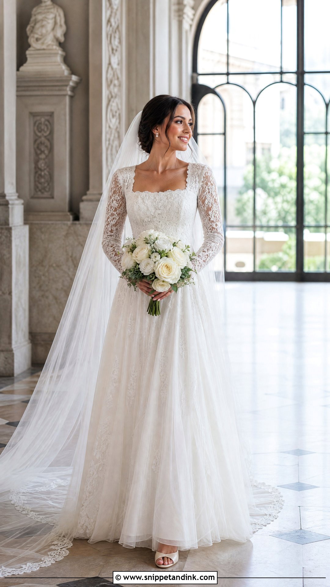 Long Sleeve Lace Square Neck A Line Wedding Dress - Snippet and Ink - 20 Square Neck Wedding Dress Aline Ideas