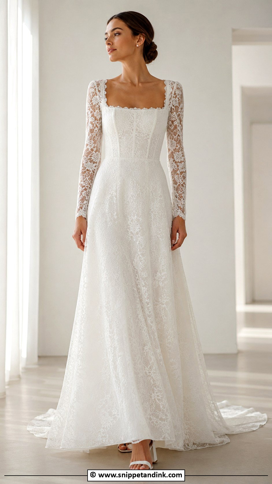 Long Sleeve Lace Square Neck Wedding Dress - Snippet and Ink - 30 Long Sleeve Lace Wedding Dress Ideas
