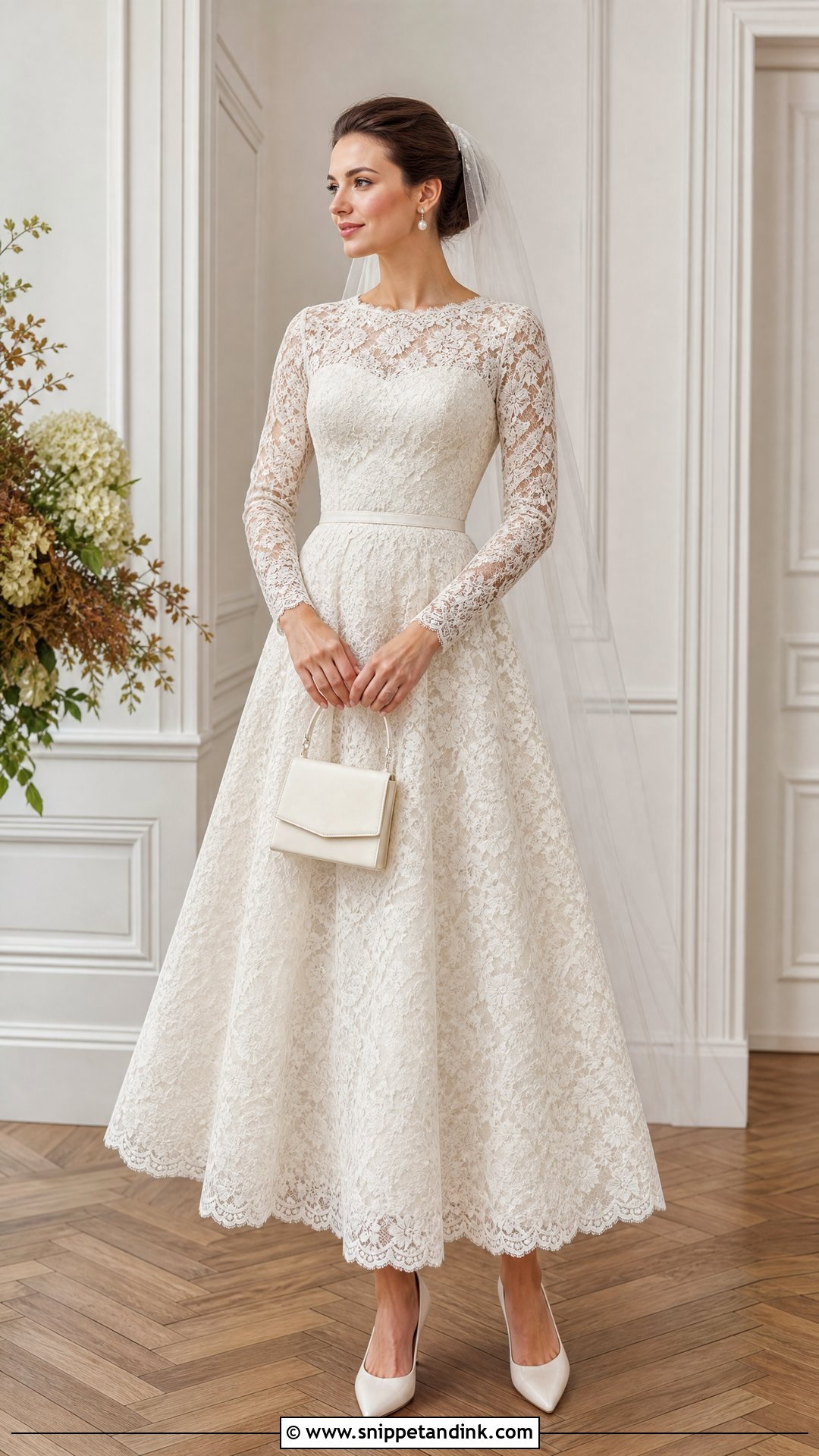 Long Sleeve Lace Tea Length Wedding Dress - Snippet and Ink - 20 Tea Length Wedding Ideas