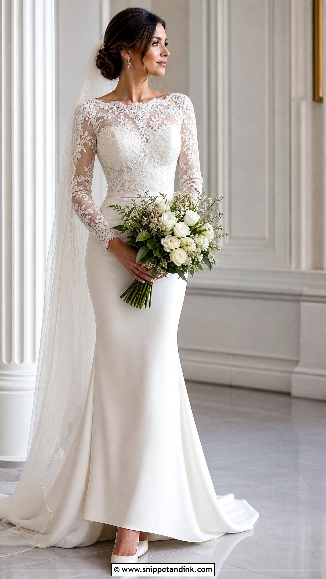 Long Sleeve Lace Top And Crepe Bridal Skirt - Snippet and Ink - 20 Two Piece Bridal Outfit Ideas