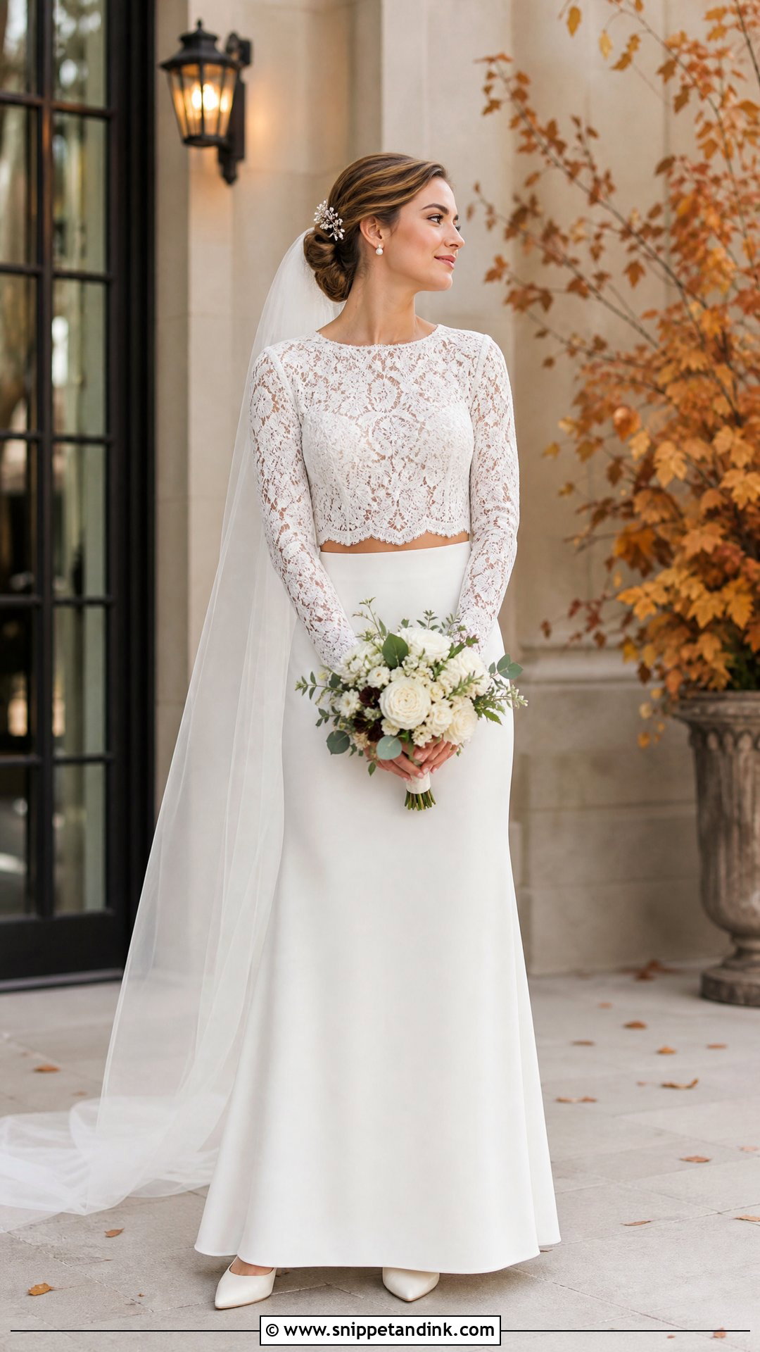 Long Sleeve Lace Top And Crepe Skirt Wedding Dress - Snippet and Ink - 20 Two Pieces Wedding Dress Ideas