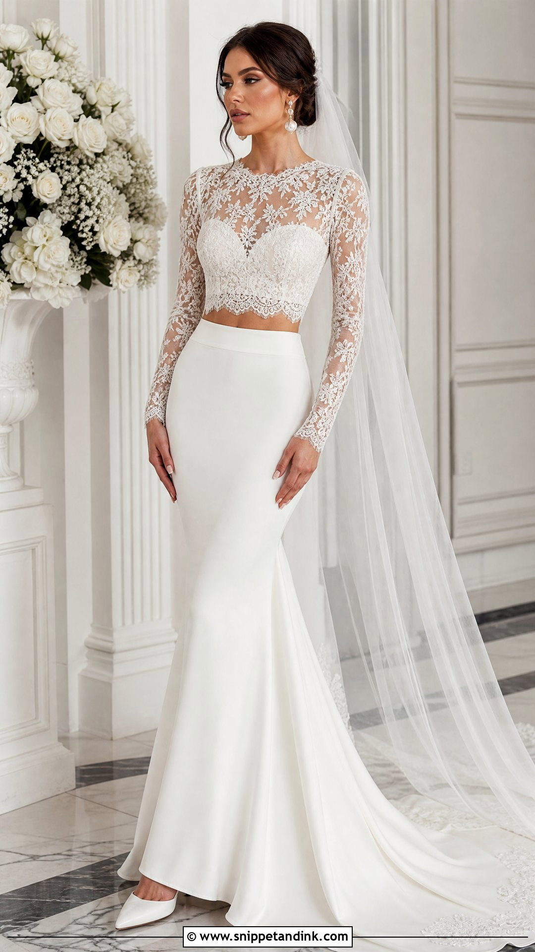 Long Sleeve Lace Top And Mermaid Skirt Two Piece Wedding Dress - Snippet and Ink - 20 Wedding Two Piece Dress Ideas