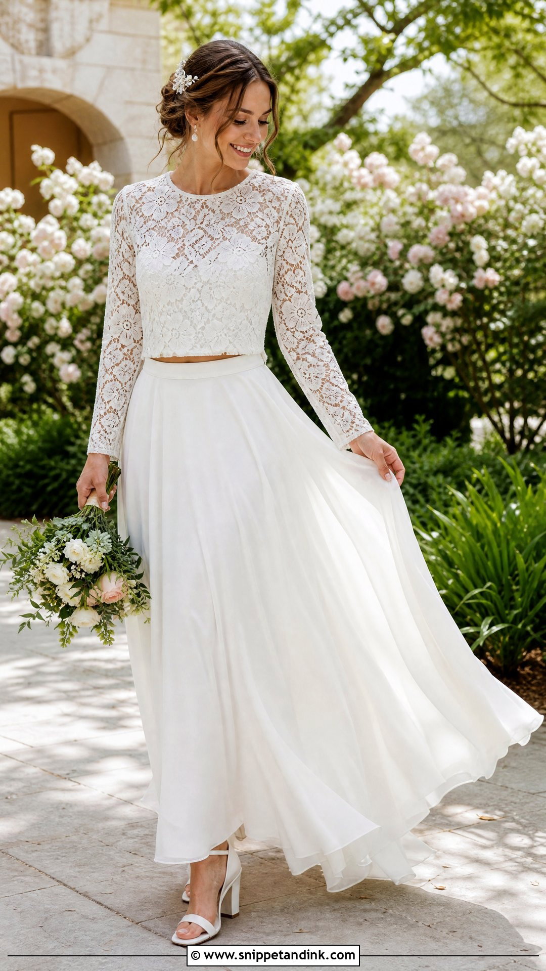 Long Sleeve Lace Top With Chiffon Wedding Skirt - Snippet and Ink - 20 Wedding Skirt Separate Ideas