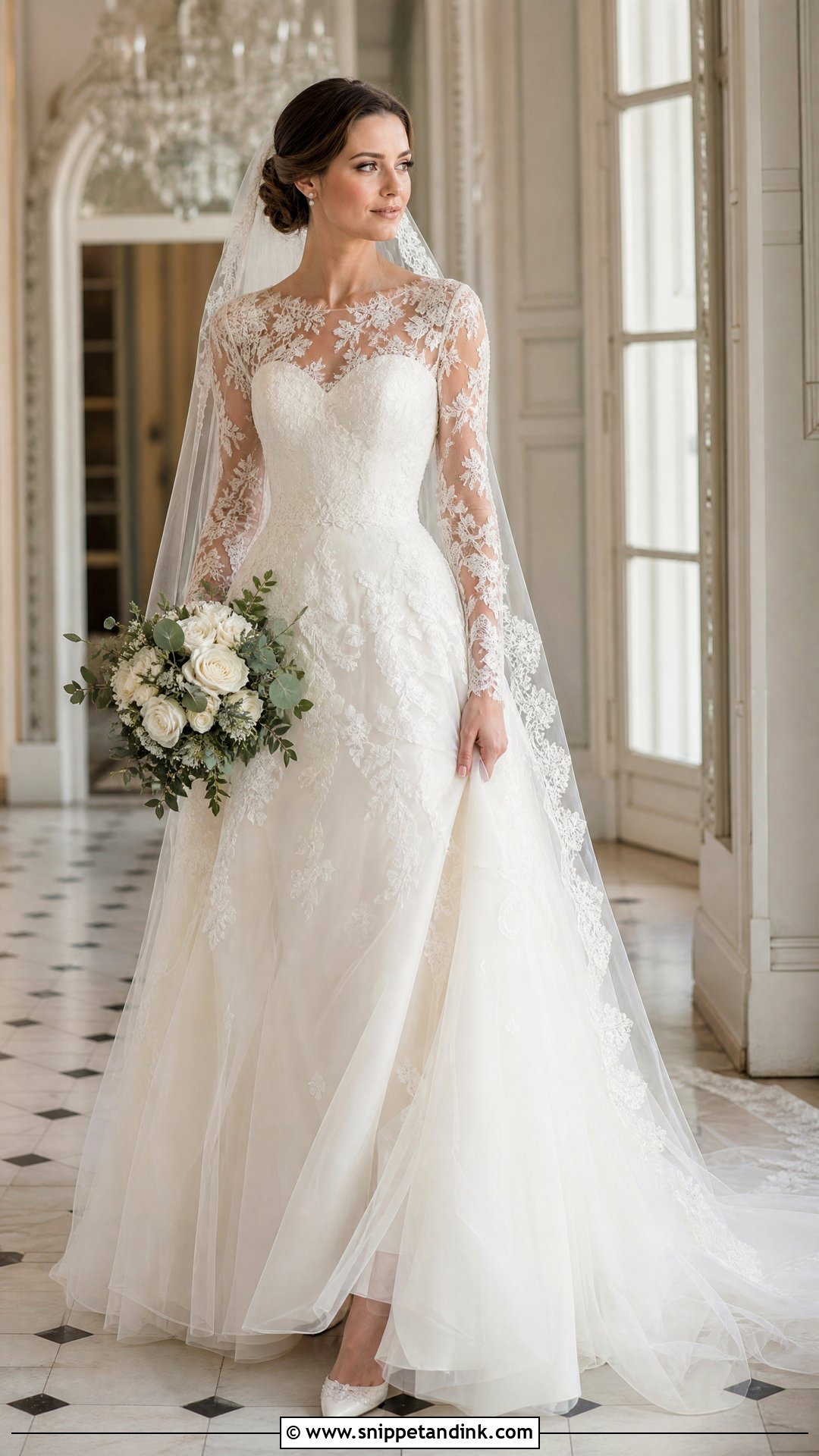 Long Sleeve Lace Tulle Wedding Gown - Snippet and Ink - 25 Tulle Wedding Gown Ideas