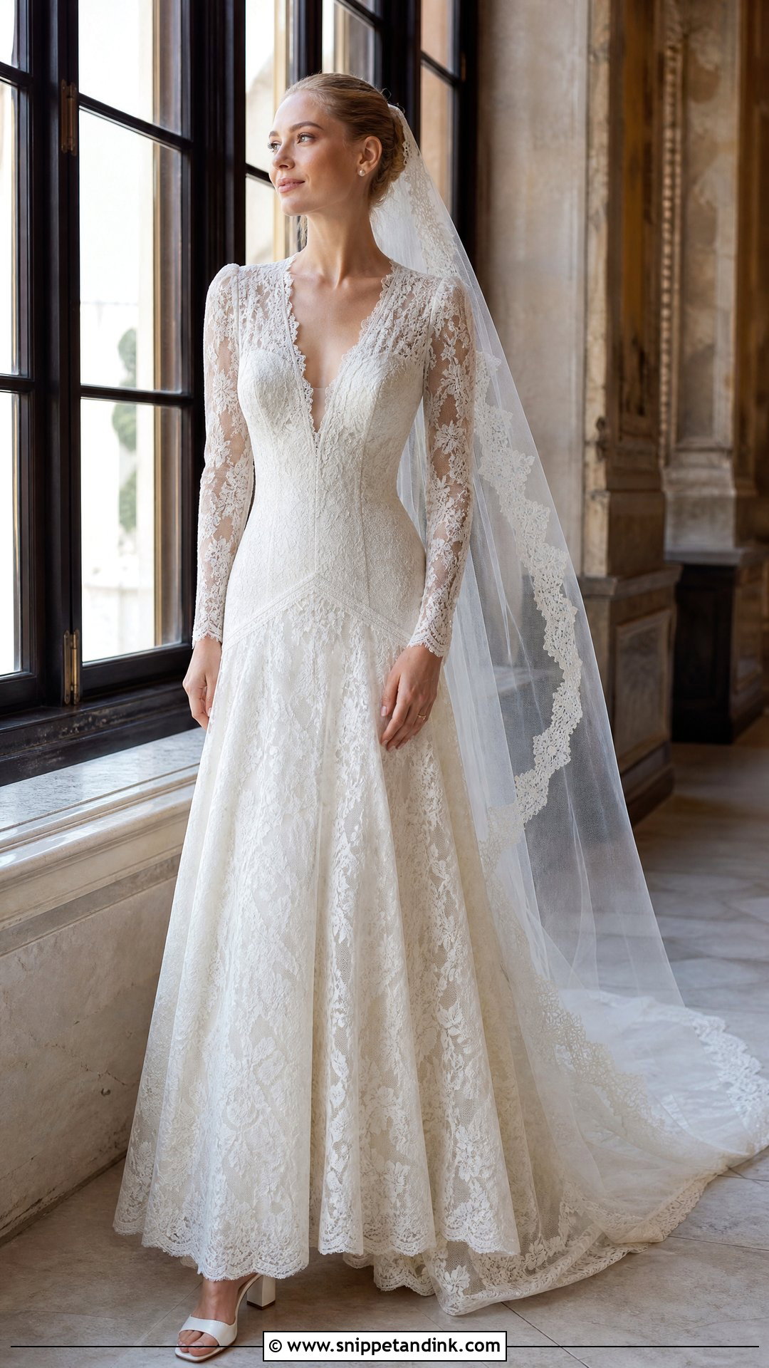 Long Sleeve Lace V Drop Waist Wedding Dress - Snippet and Ink - 20 V Drop Waist Wedding Dress Ideas
