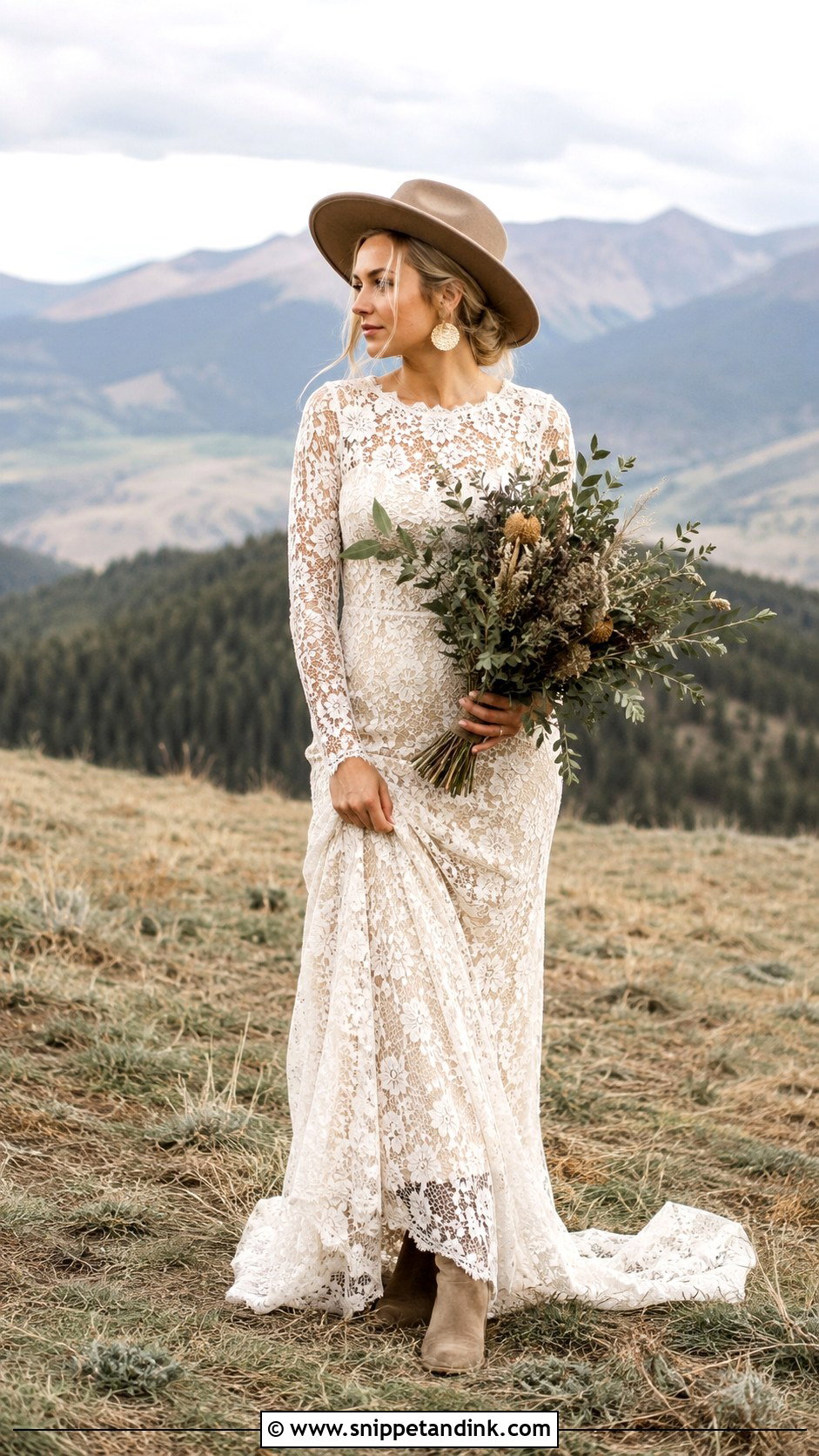 Long Sleeve Lace Wedding Dress With An Earthy Bridal Hat - Snippet and Ink - 20 Granola Wedding Dress Ideas