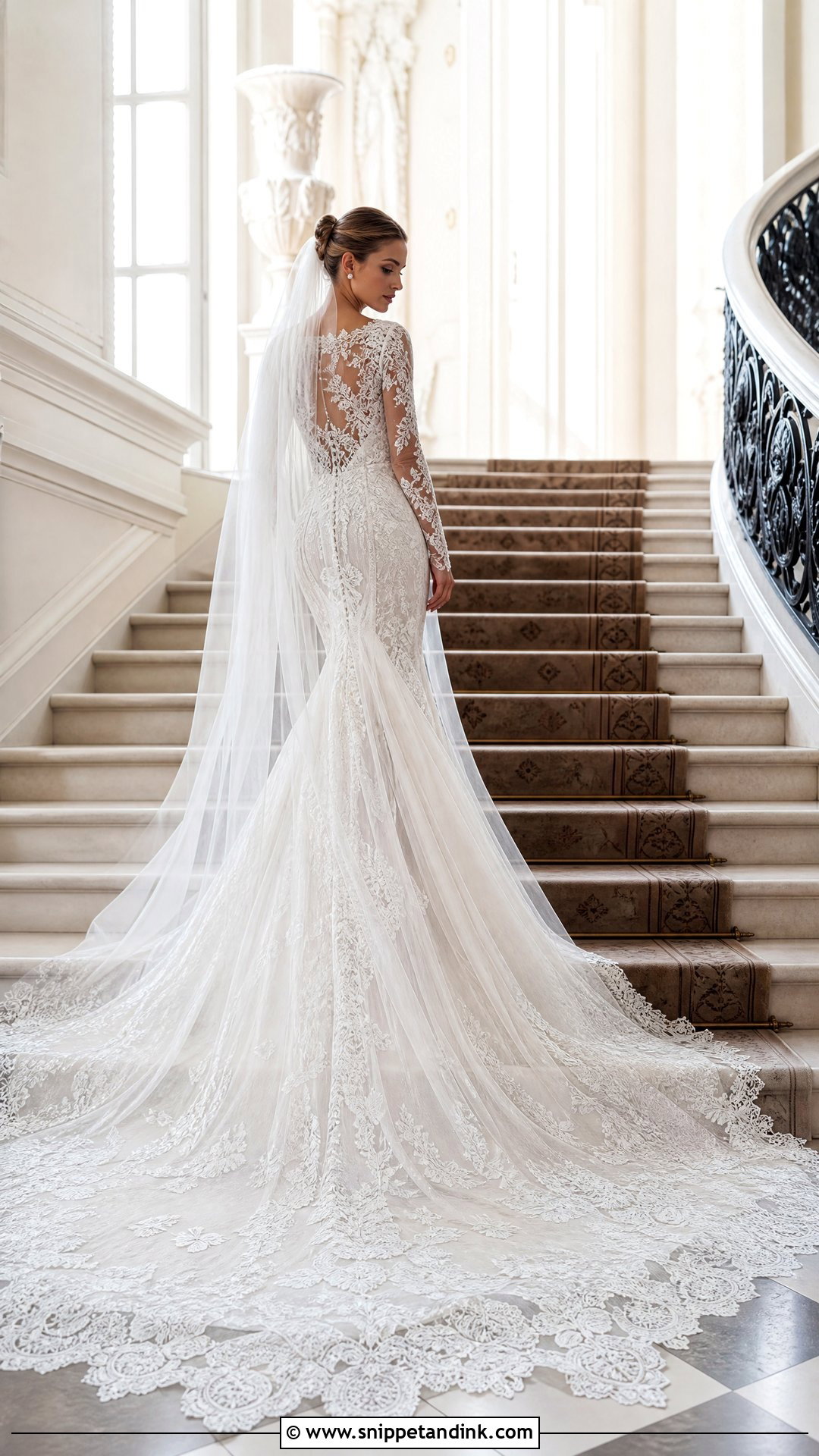 Long Sleeve Lace Wedding Dress With Cathedral Train - Snippet and Ink - 20 Wedding Dress Train Lengths Ideas