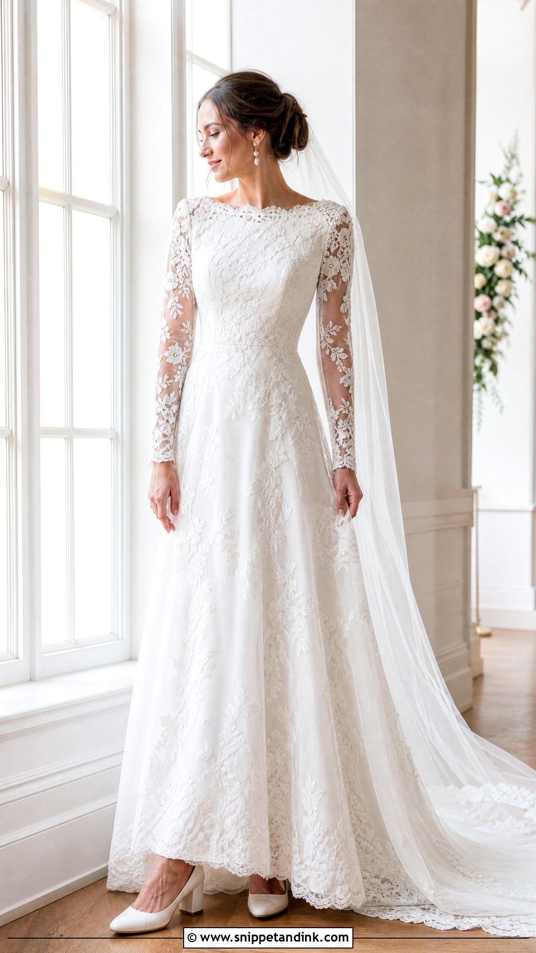 Long Sleeve Lace Wedding Dress With Chapel Veil - Snippet and Ink - 20 Top Wedding Dresses