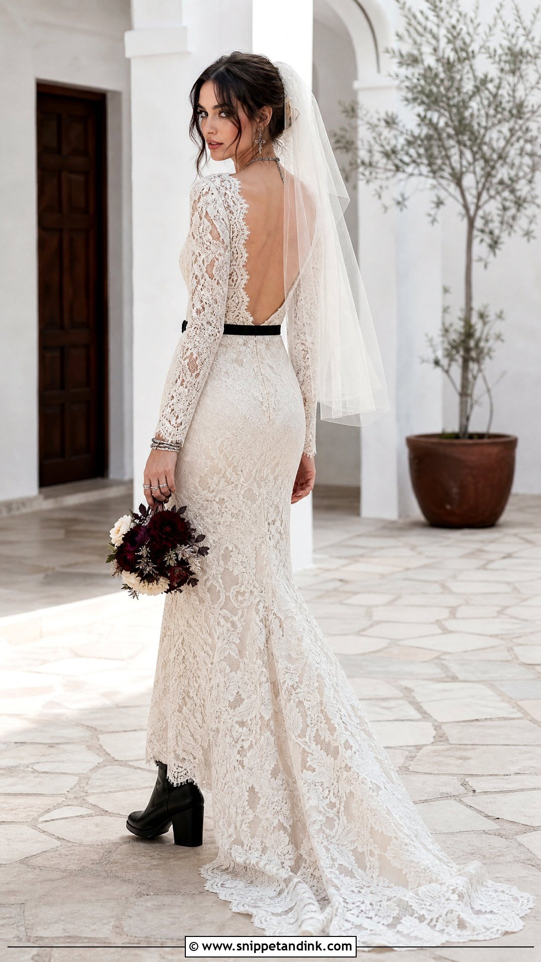 Long Sleeve Lace Wedding Dress With Leather Boots - Snippet and Ink - 20 Rock and Roll Wedding Dress Ideas