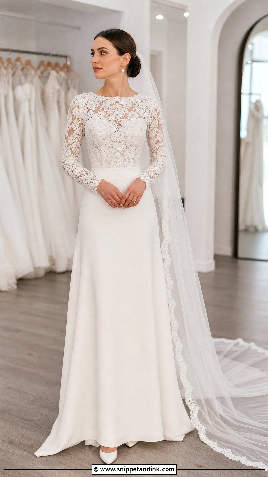 Long Sleeve Lace Wedding Dress With Low Bun - Snippet and Ink - 20 Trying on Wedding Dresses