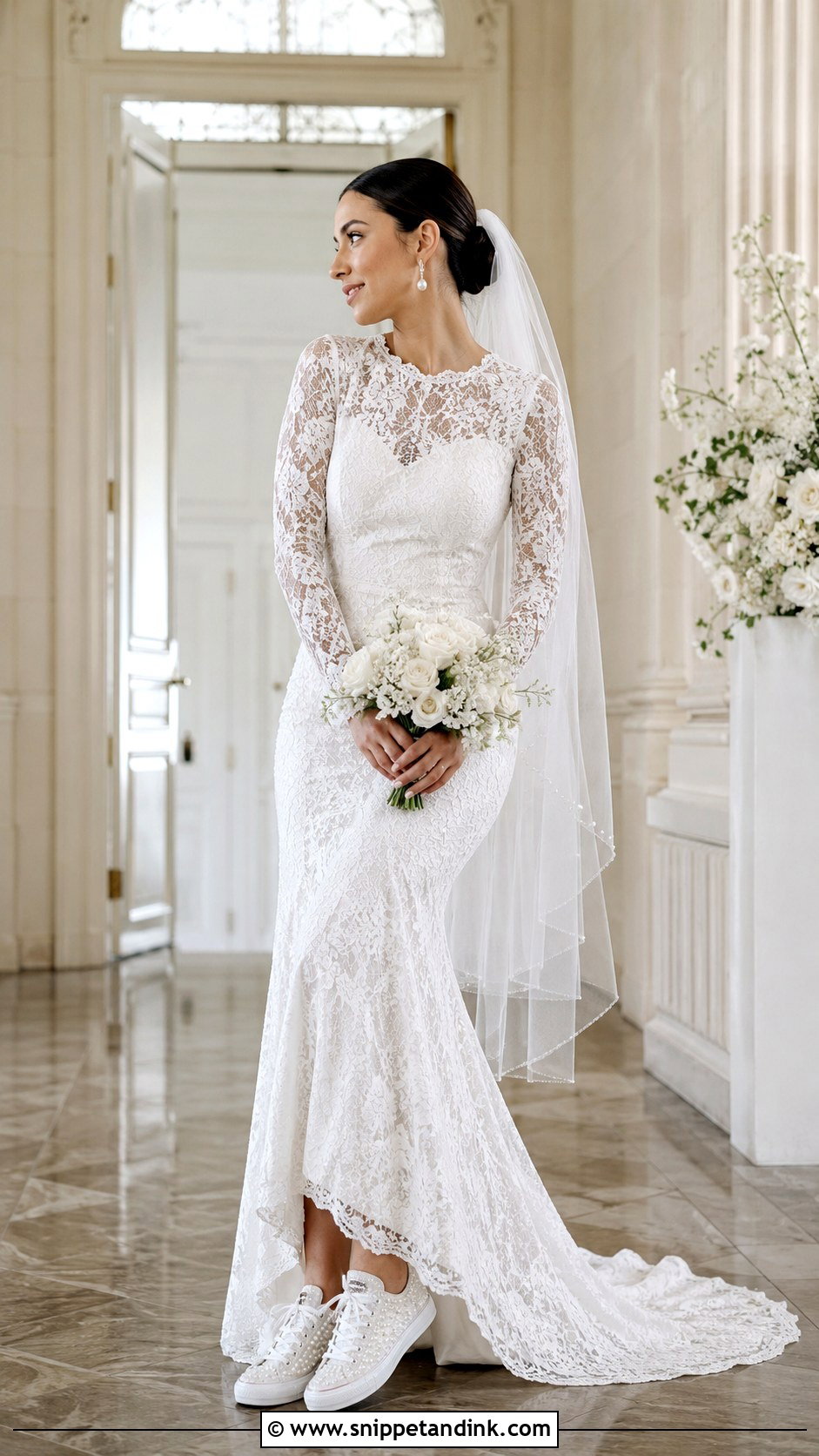 Long Sleeve Lace Wedding Dress With Pearl Converse - Snippet and Ink - 20 Wedding Dress with Converse Ideas