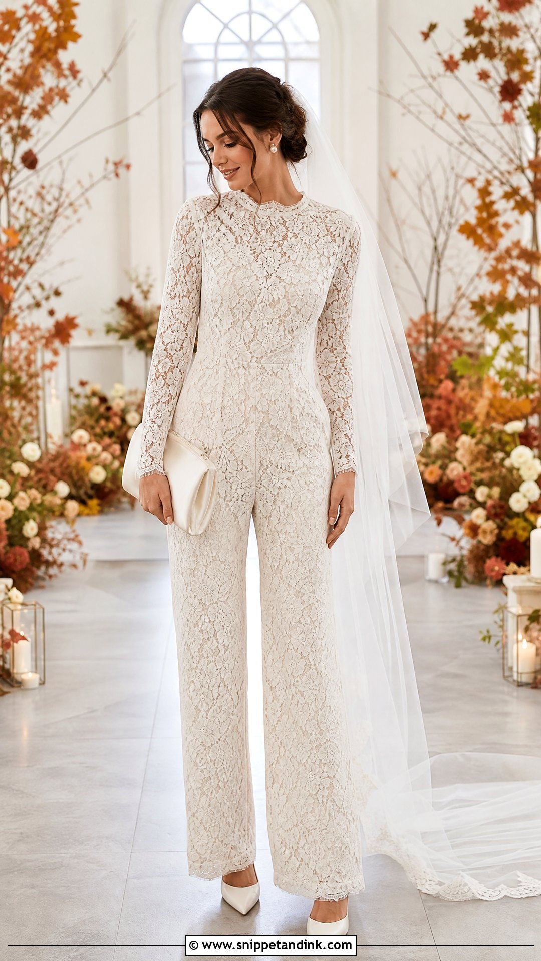 Long Sleeve Lace White Bridal Jumpsuit With Pumps - Snippet and Ink - 20 White Bridal Jumpsuit Ideas
