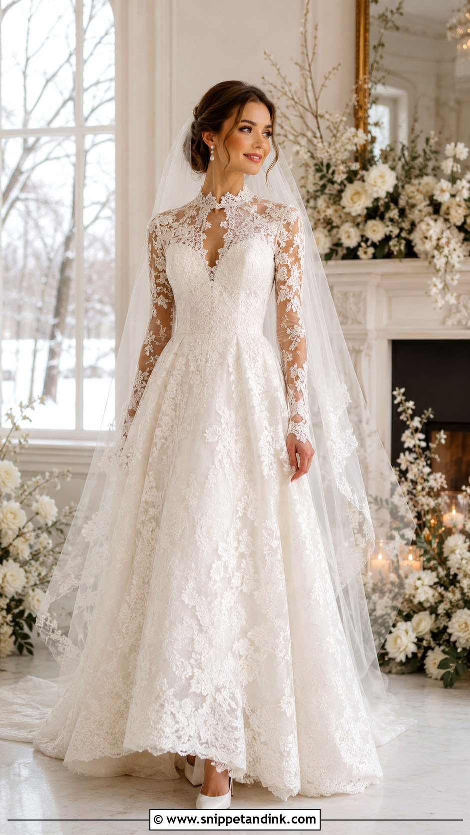 Long Sleeve Lace Winter Bridal Gown - Snippet and Ink - 20 Winter Bridal Outfit Ideas