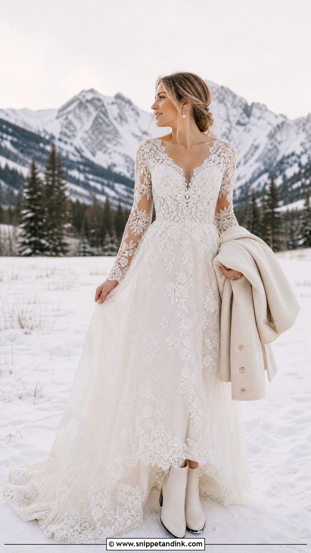 Long Sleeve Lace Winter Elopement Dress - Snippet and Ink - 25 Winter Elopement Dress Ideas