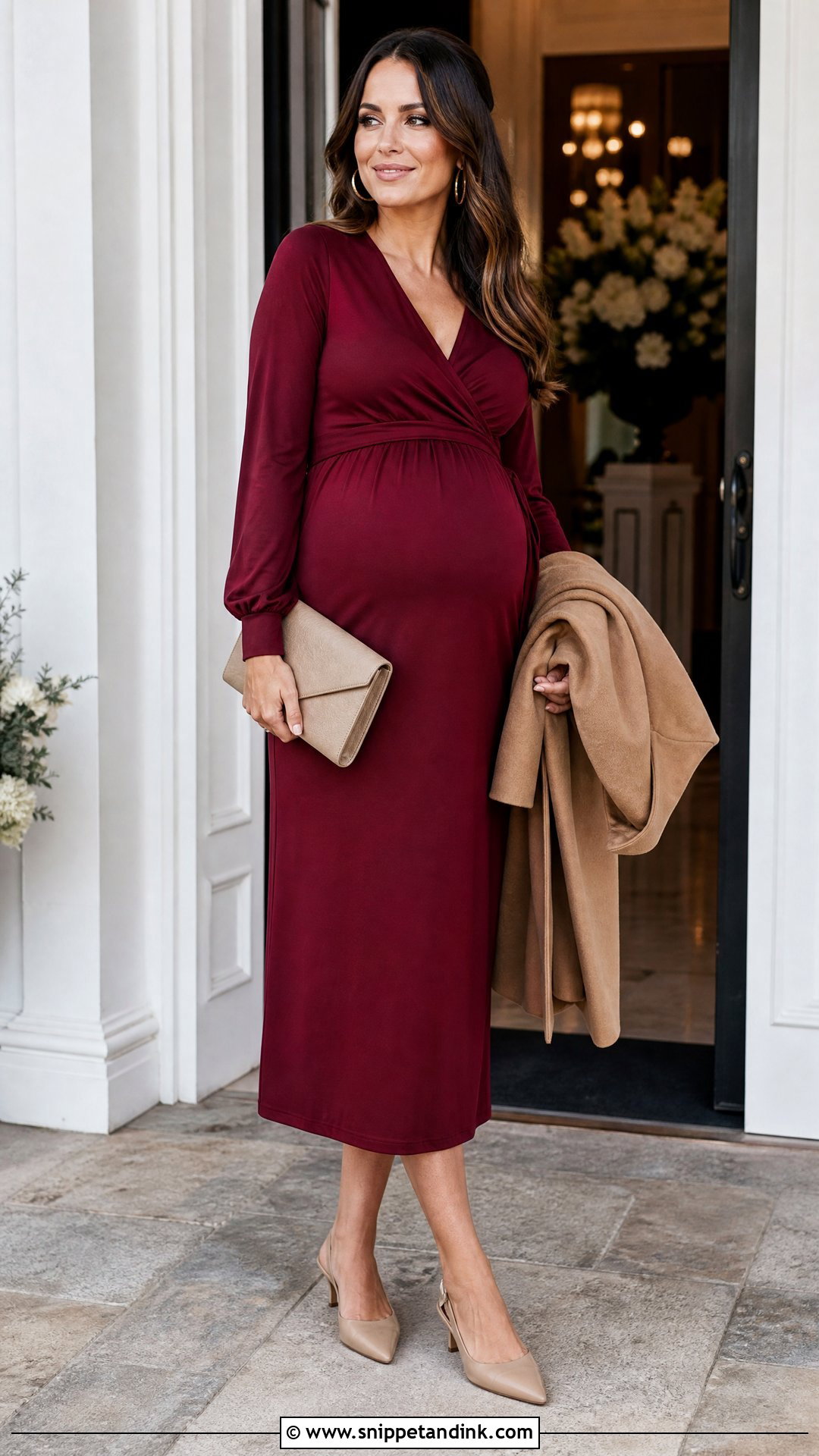 Long Sleeve Maternity Midi Dress Outfit - Snippet and Ink - 20 Pregnancy Outfits for Wedding