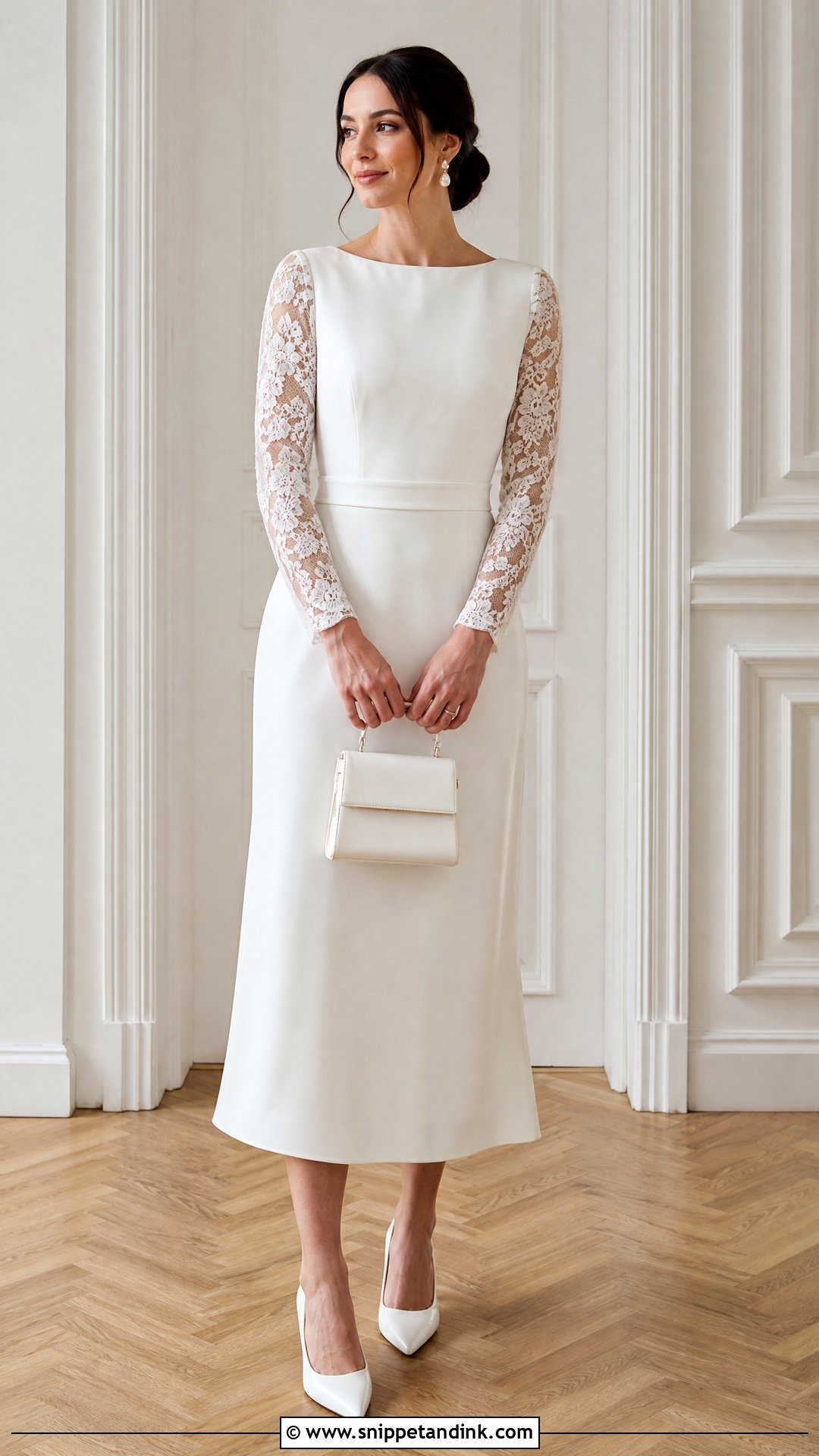 Long Sleeve Midi Bridal Dress With White Pumps - Snippet and Ink - 25 Midi Bridal Dress Ideas