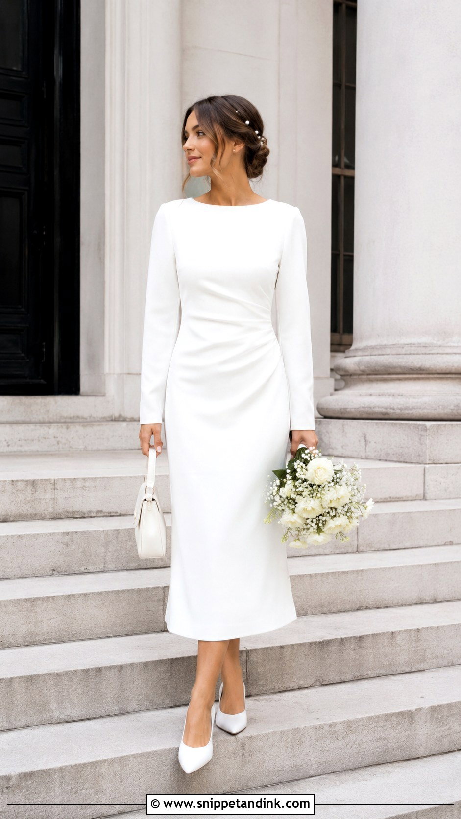 Long Sleeve Midi Civil Wedding Dress With Low Heels - Snippet and Ink - 25 Civil Wedding Dress Simple Midi Ideas