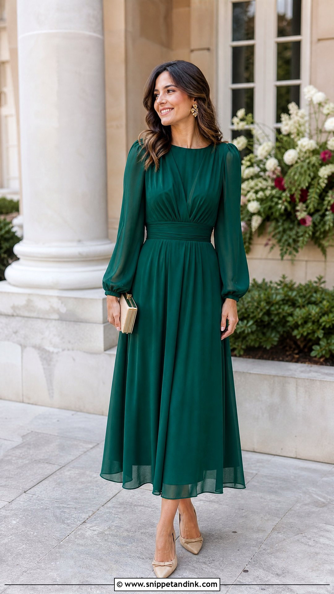 Long Sleeve Midi Dress Wedding Outfit - Snippet and Ink - 20 Wedding Party Wear Ideas