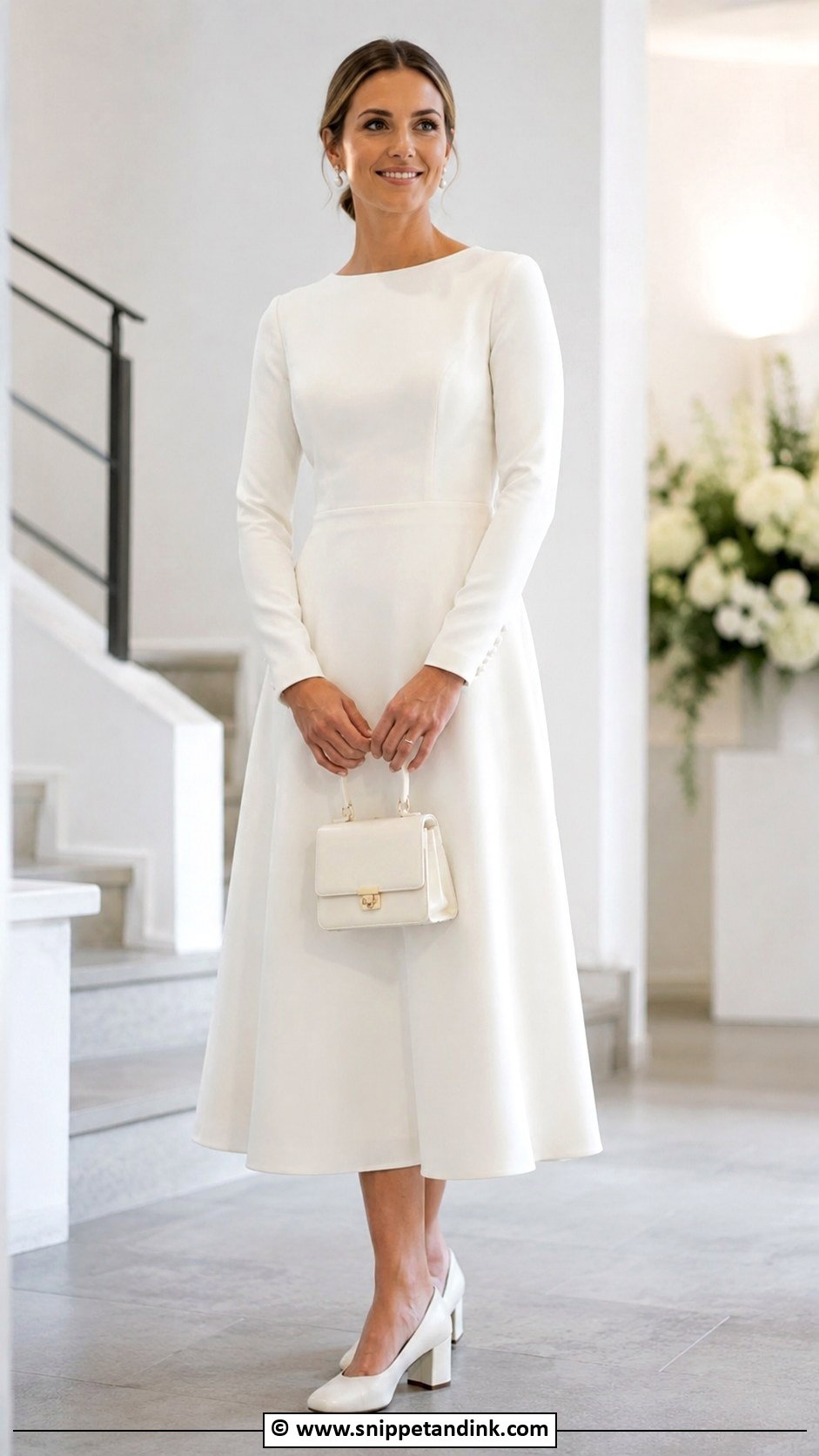 Long Sleeve Midi Wedding Dress With Block Heels - Snippet and Ink - 30 Midi Wedding Dress Ideas
