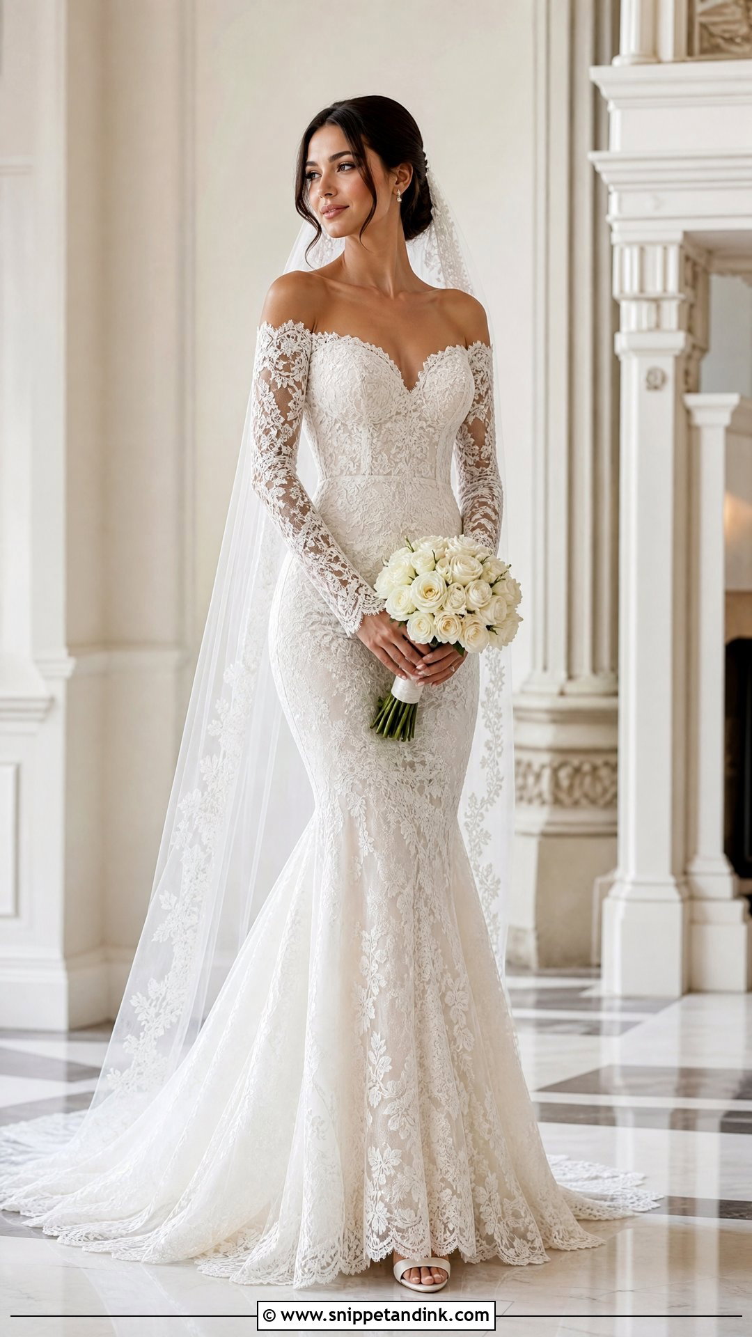 Long Sleeve Off the Shoulder Mermaid Wedding Dress - Snippet and Ink - 20 Off the Shoulder Mermaid Wedding Dress Ideas