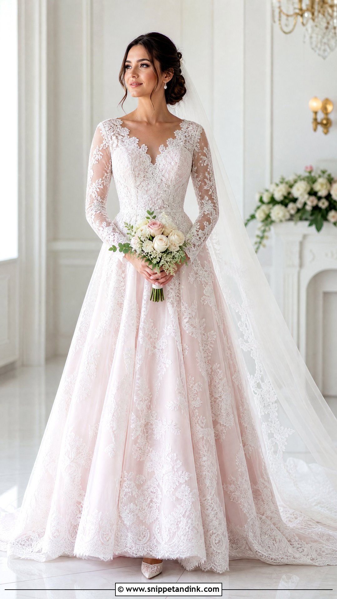 Long Sleeve Pink and White Lace Wedding Dress - Snippet and Ink - 20 Pink White Wedding Dress Ideas
